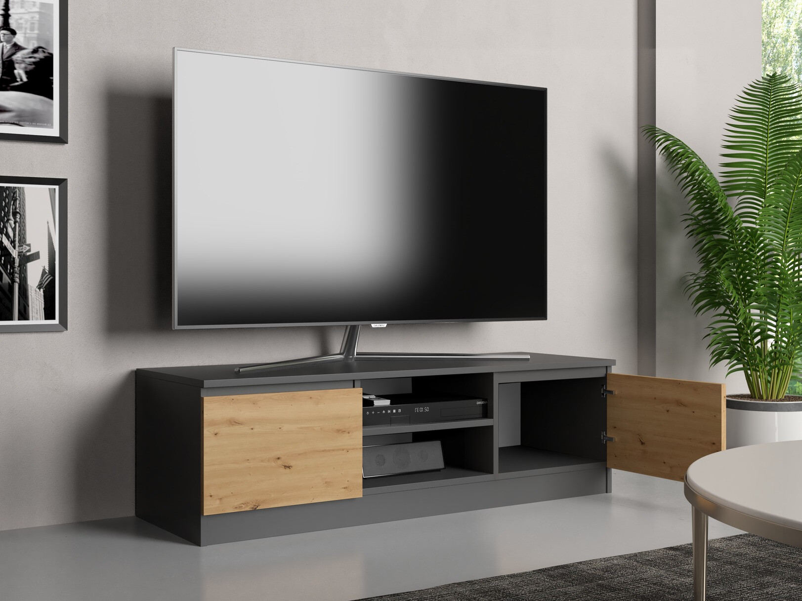 Meuble TV Elbvelu 123 (Anthracite + Chêne Artisan)