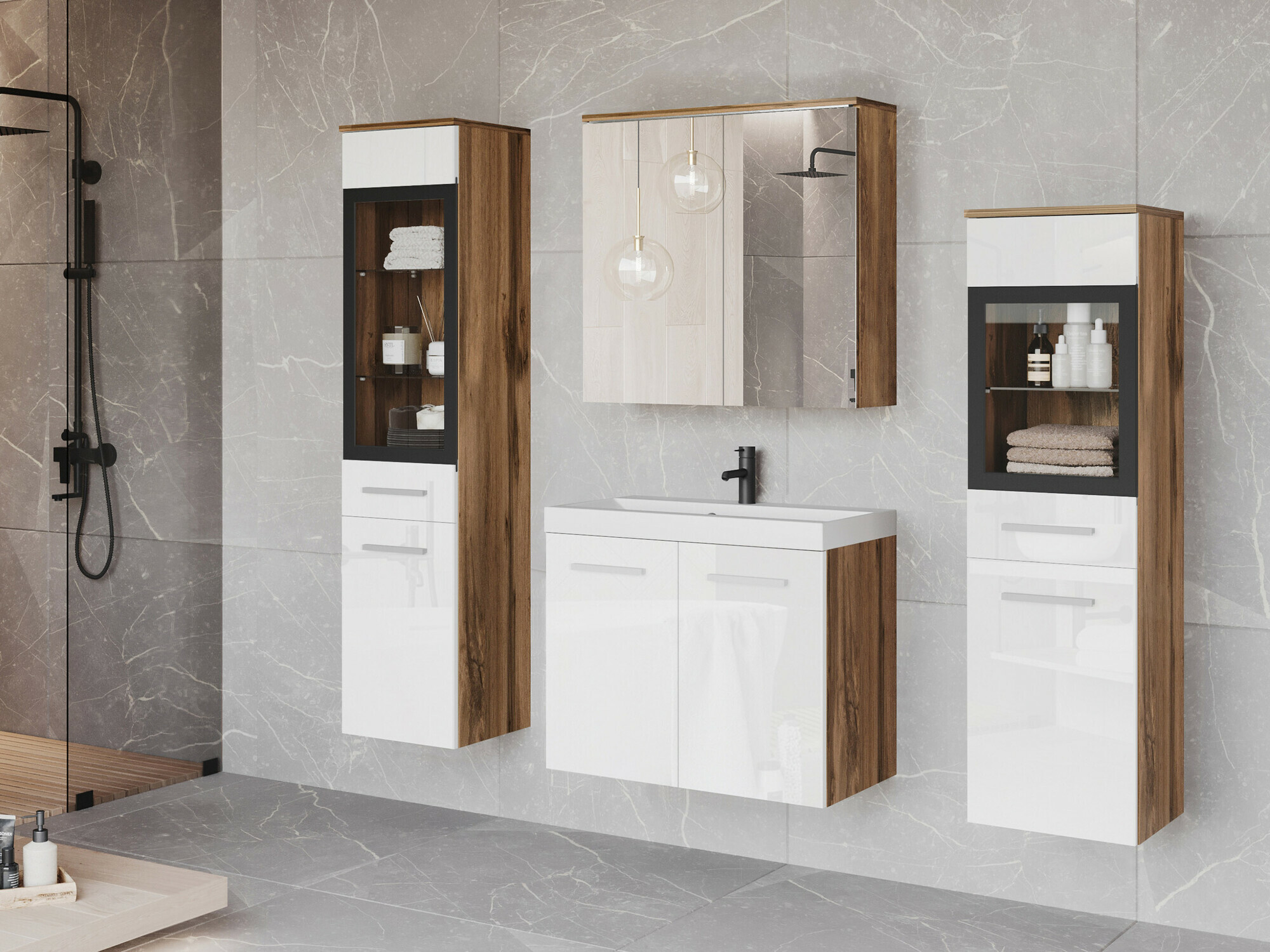 Ensemble de salle de bain Scientia III (Blanc brillant + Chêne wotan)