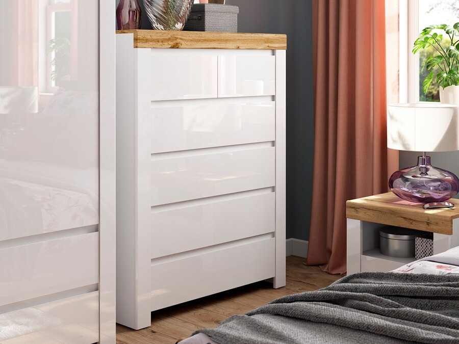 Commode Sonsoru 114 (Blanc + Blanc brillant + Chêne wotan)