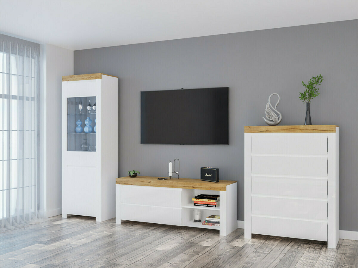 Commode Sonsoru 114 (Blanc + Blanc brillant + Chêne wotan)