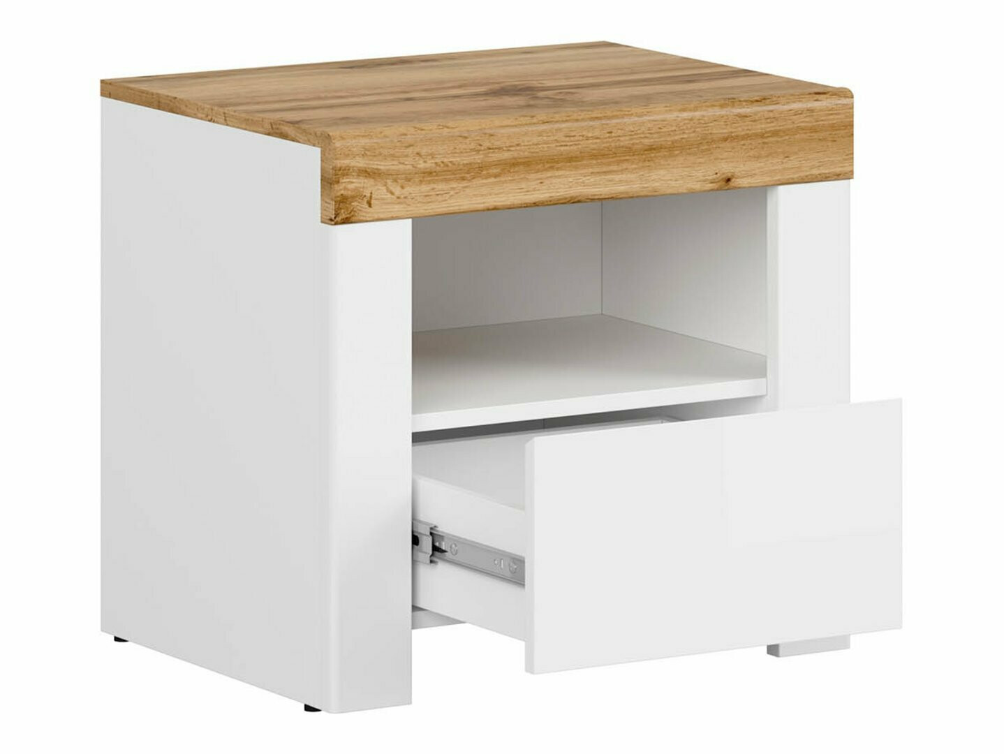 Table de chevet Sonsoru 113 (Blanc + Blanc brillant + Chêne wotan)