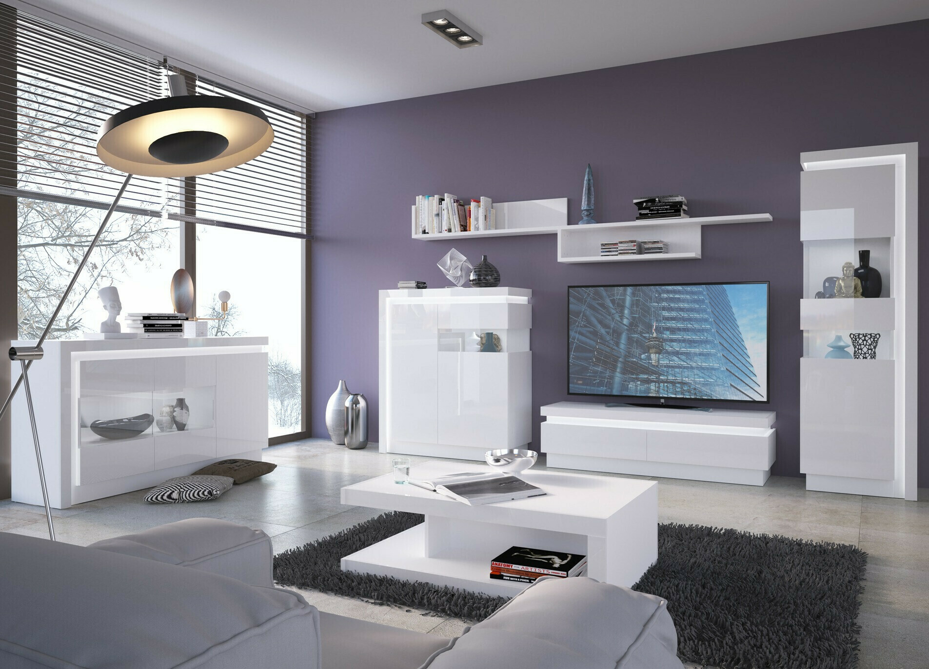 Meuble TV Feldeli 101 (Blanc + Blanc brillant)
