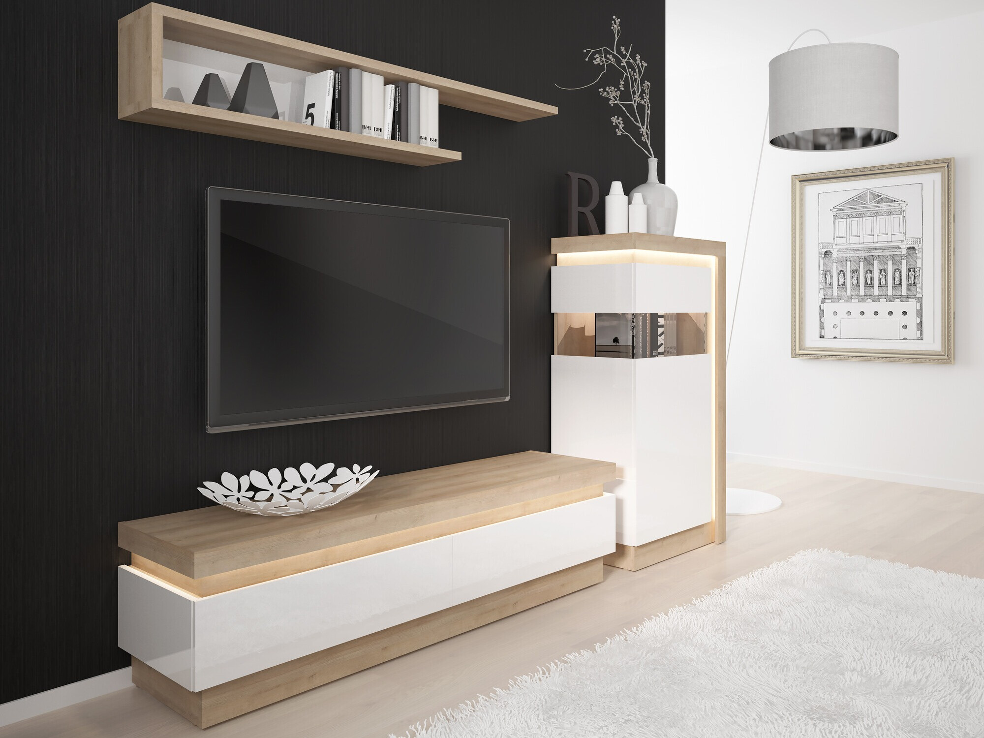 Meuble TV Feldeli 101 (Riviera chêne + Blanc brillant)