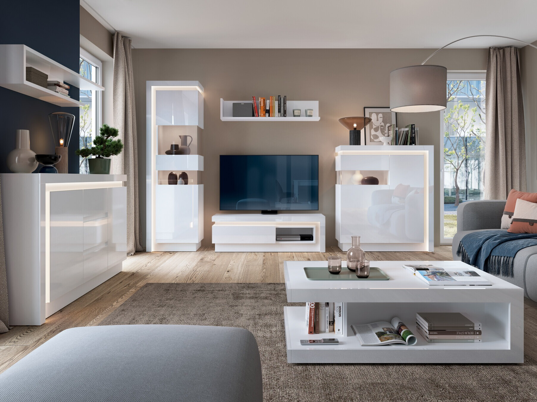 Meuble TV Feldeli 102 (Blanc + Blanc brillant)