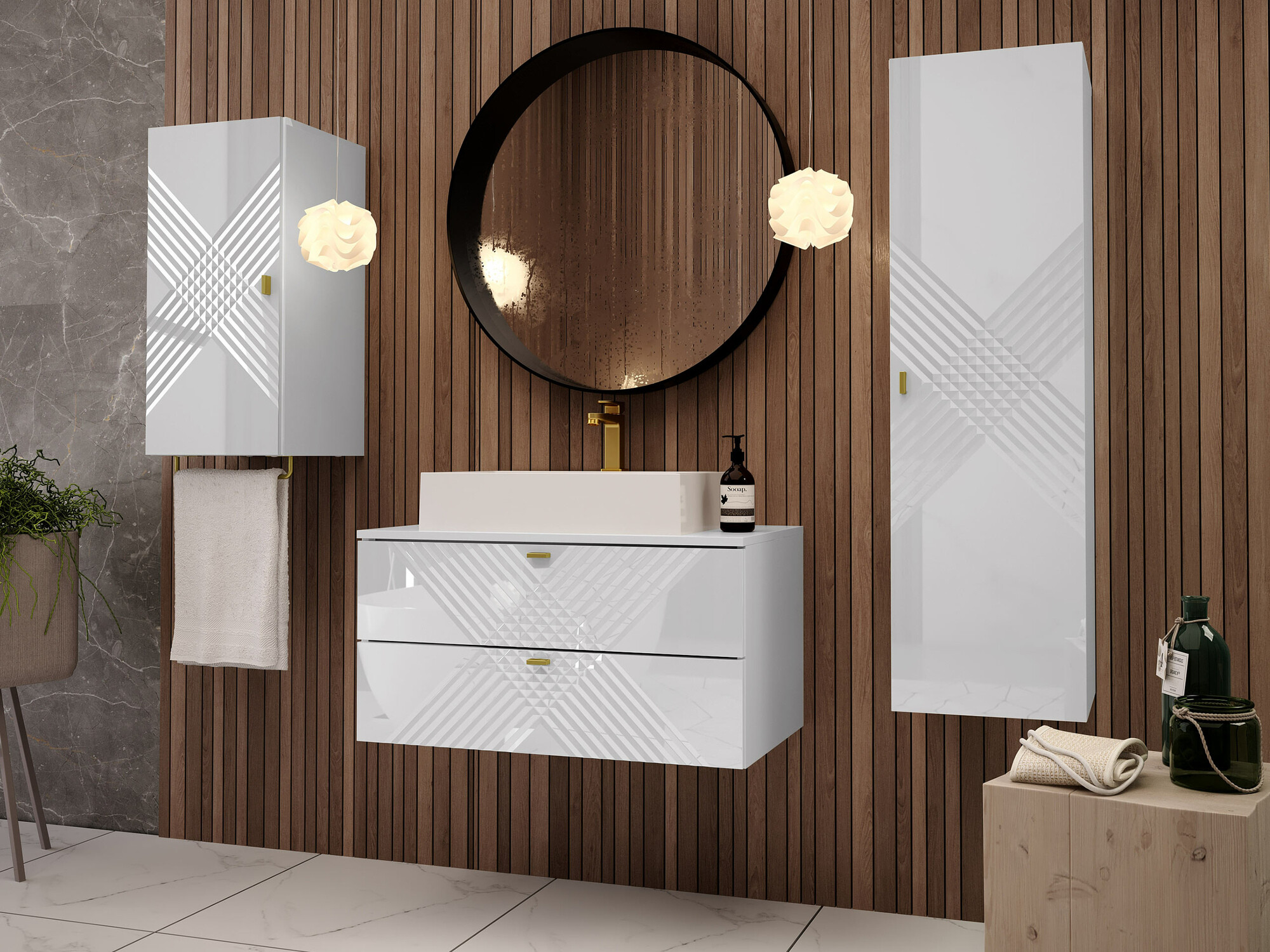 Armoire de salle de bain murale Natar I (Blanc + Blanc brillant)
