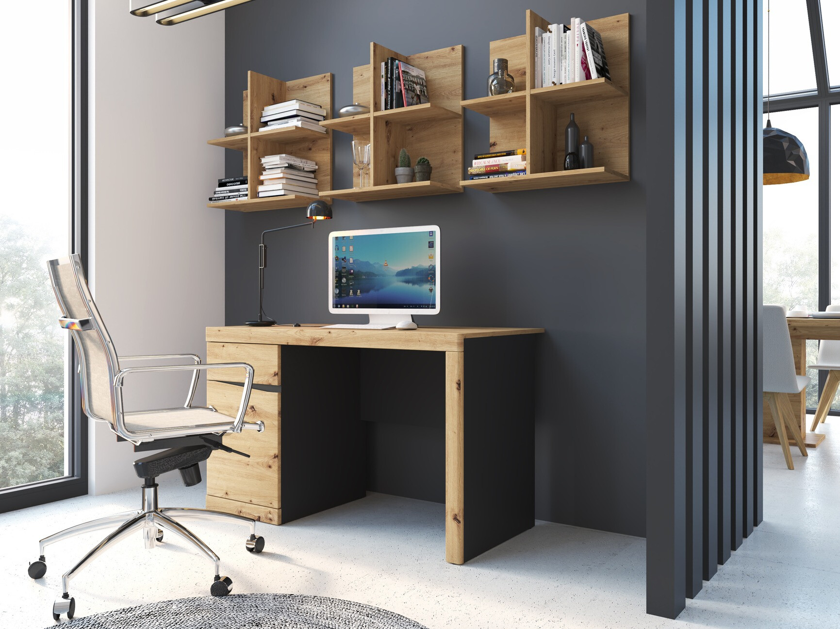 Ensemble de bureau à domicile Venlori 130 (Anthracite + Chêne Artisan)