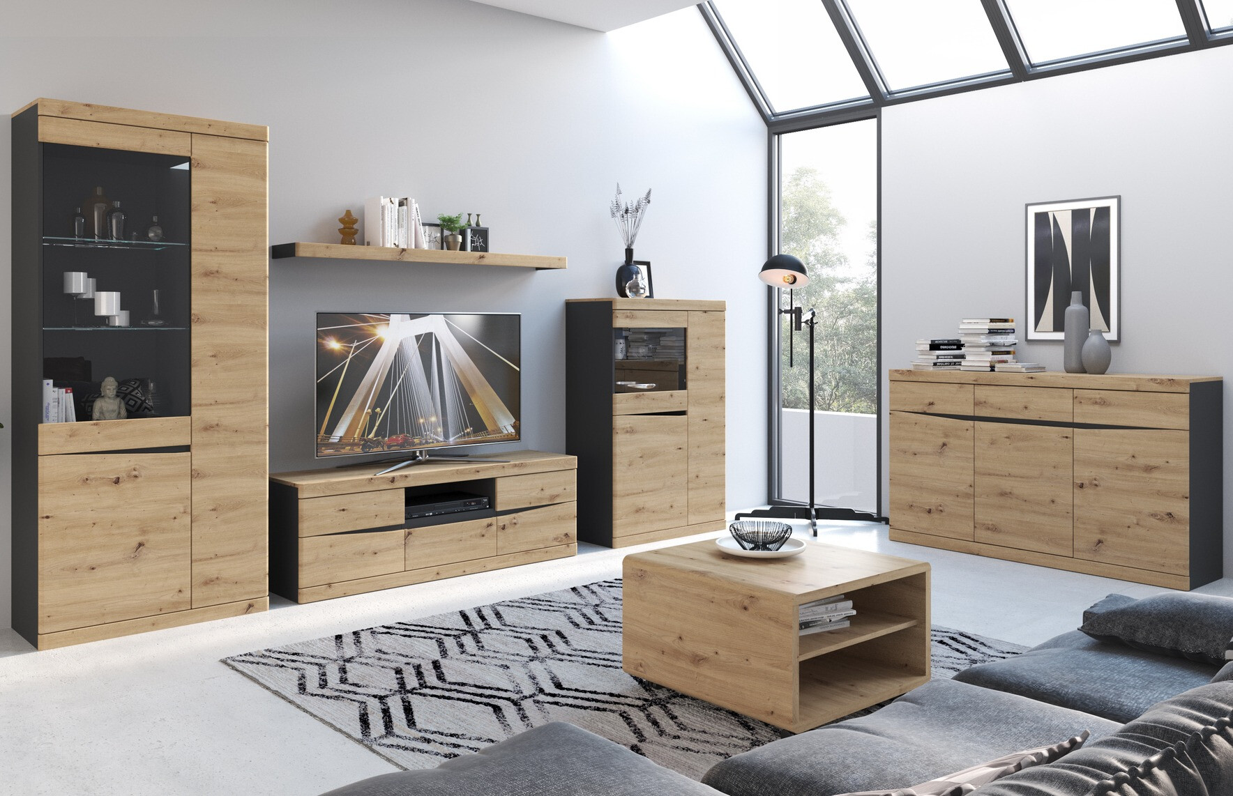 Meuble TV Venlori 121 (Anthracite + Chêne Artisan)