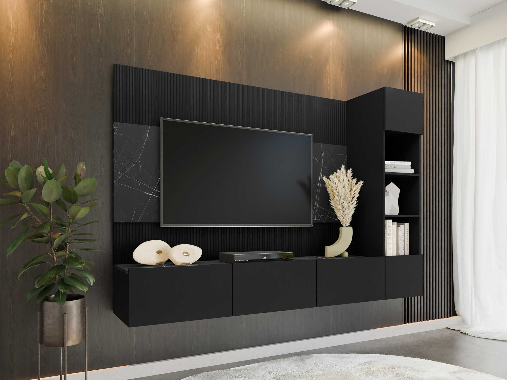 Ensemble de salon Comfivo Salix II (Noir + Marbre noir)