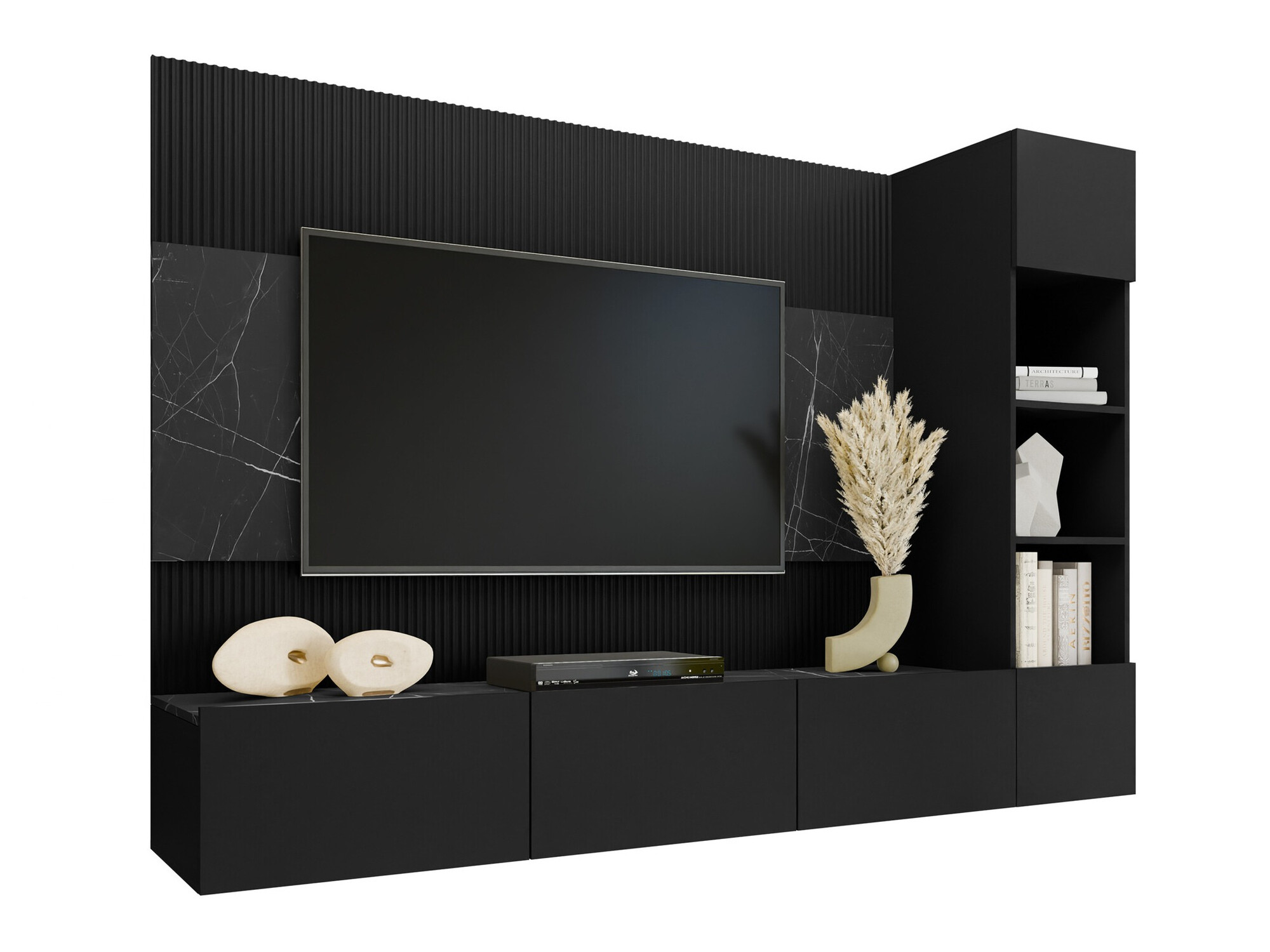 Ensemble de salon Comfivo Salix II (Noir + Marbre noir)
