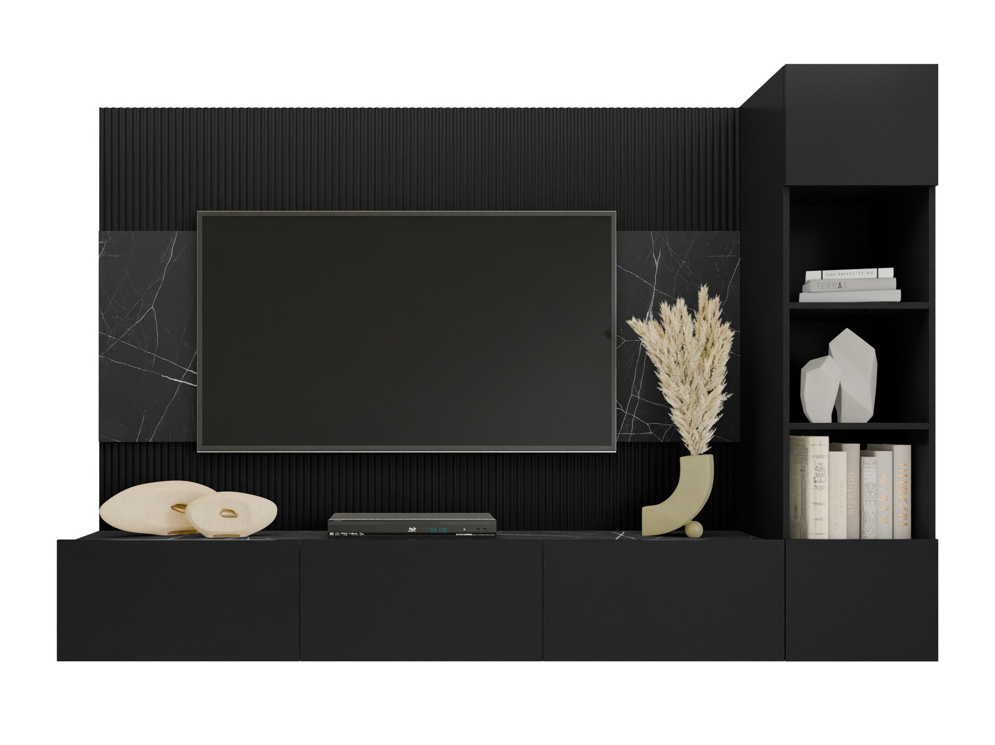 Ensemble de salon Comfivo Salix II (Noir + Marbre noir)