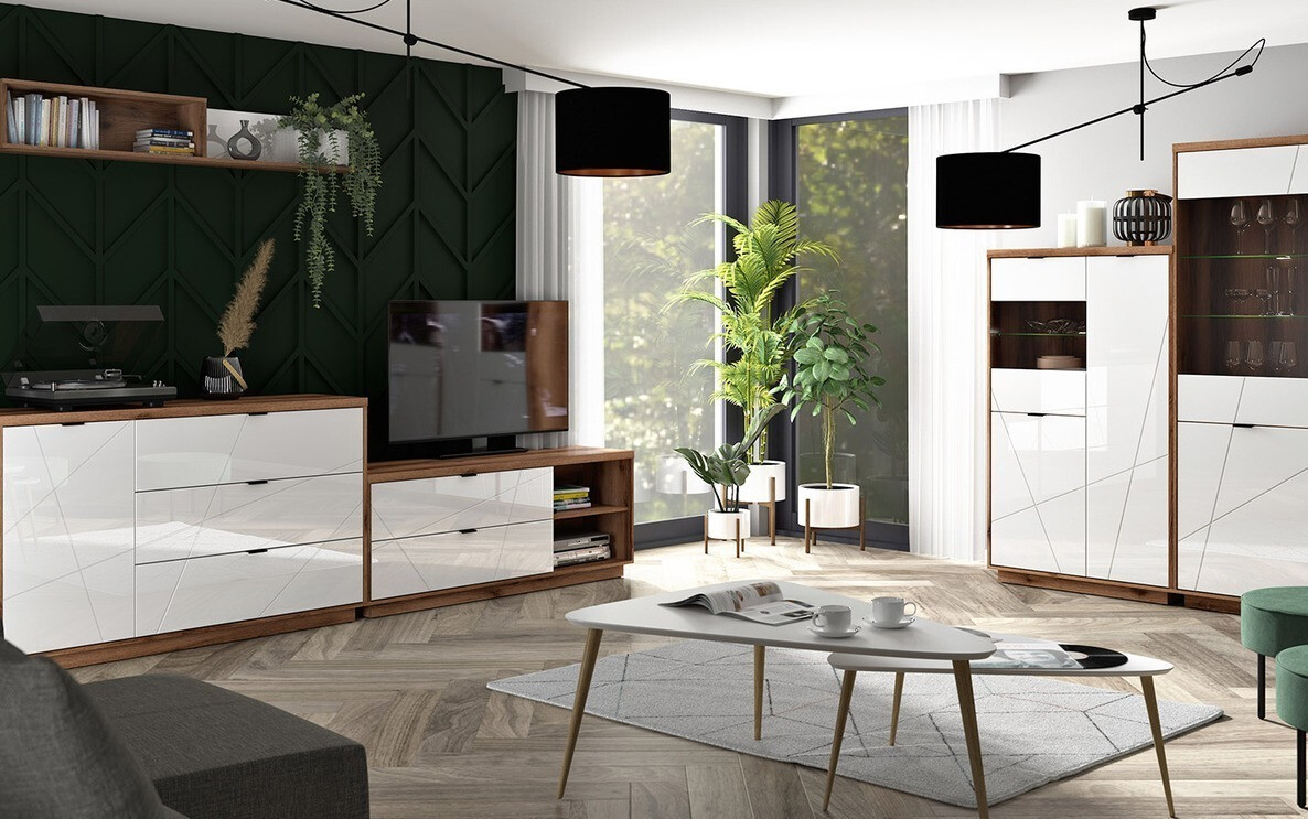 Meuble TV Fivale 104 (Chêne delano foncé + Blanc brillant)