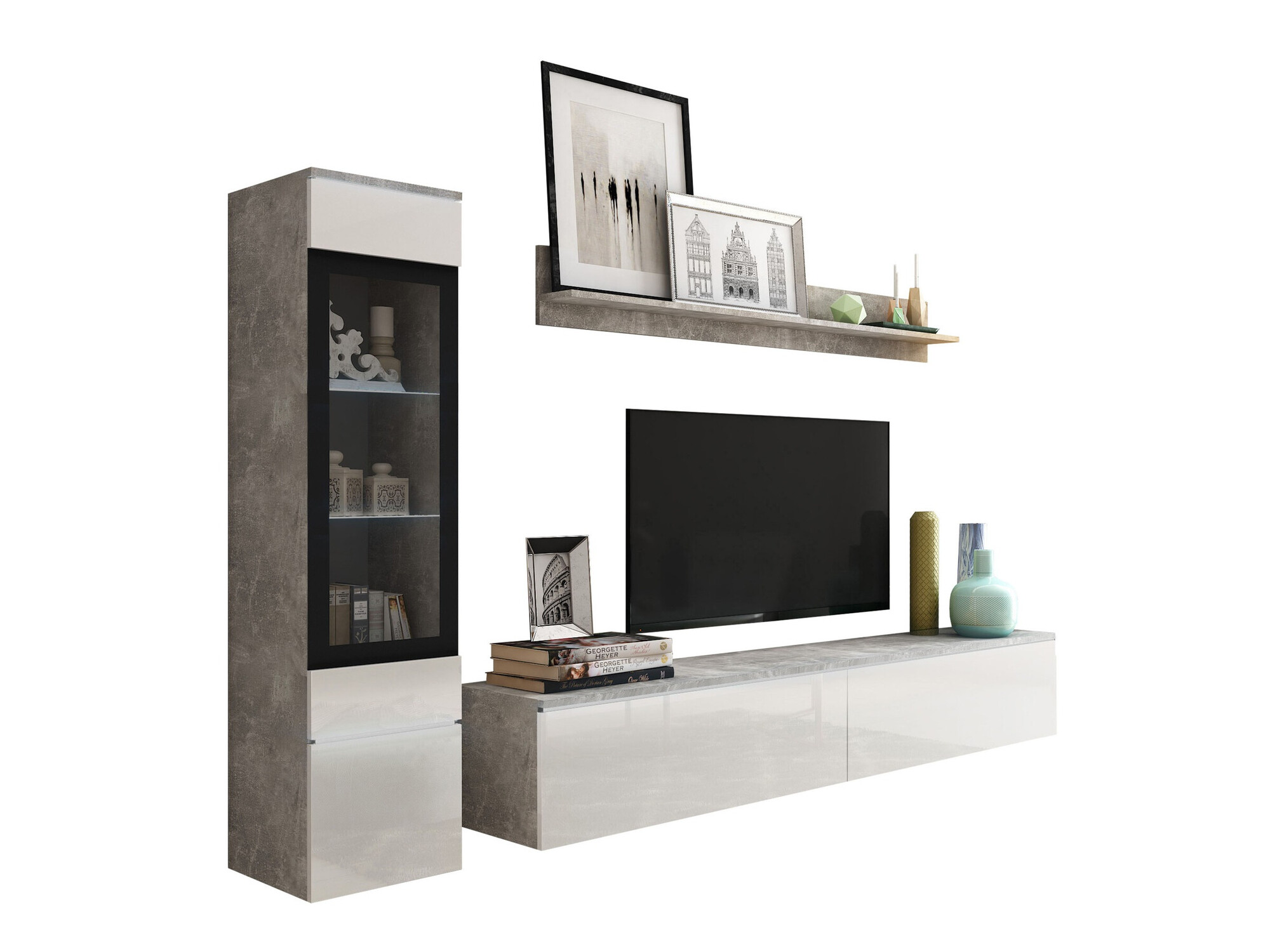 Ensemble de salon Mirfivo 100 (Béton + Blanc brillant)