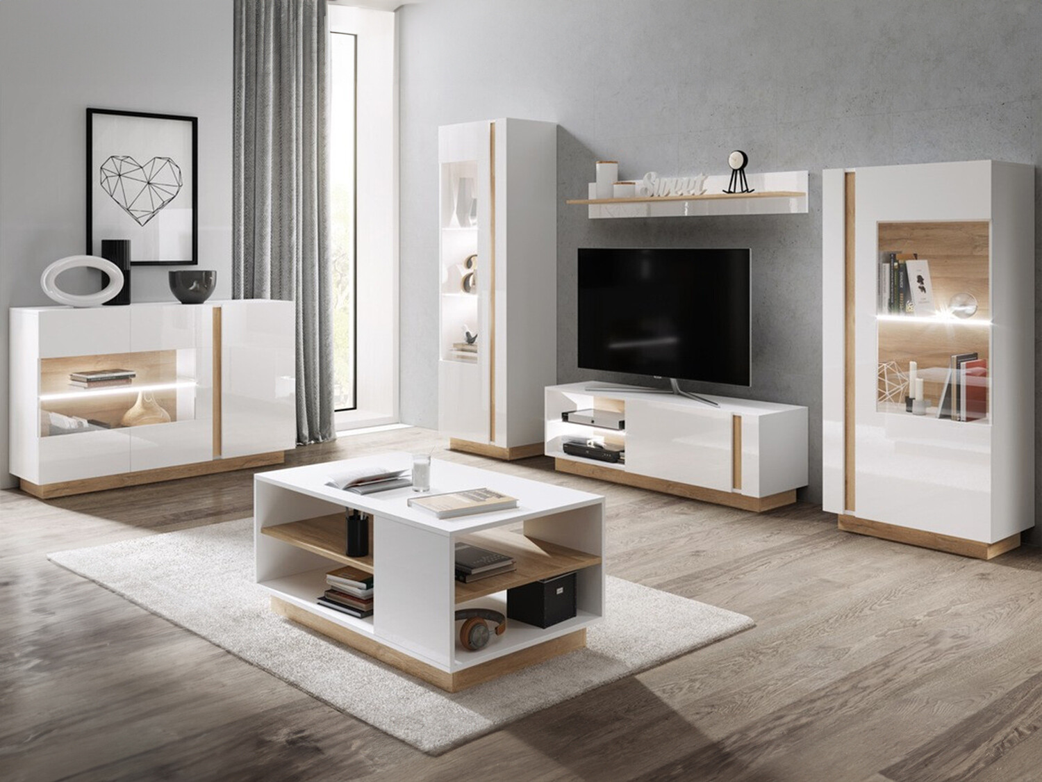 Ensemble de salon Novbela 113 (Blanc + Blanc brillant + Grandson chêne)