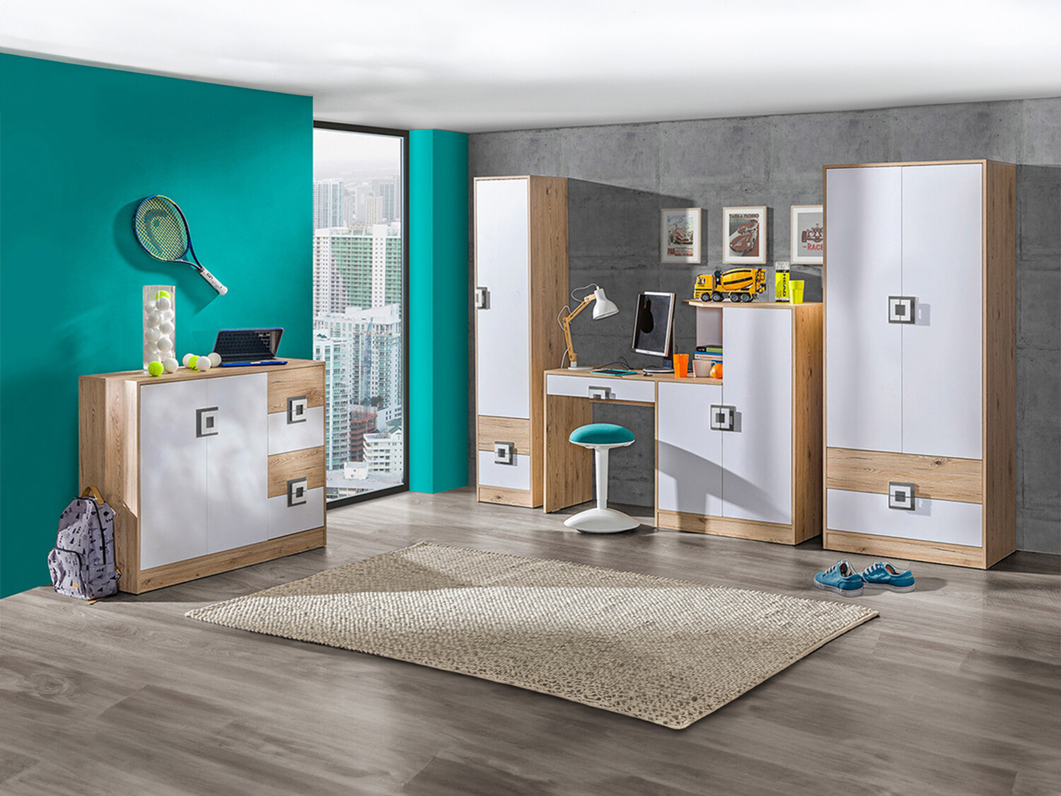 Chambre enfant complète Balvire 114 (Chêne clair + Blanc + Gris)