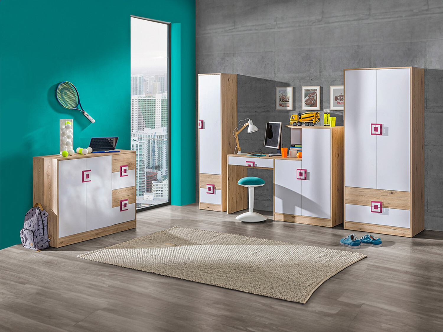 Chambre enfant complète Balvire 114 (Chêne clair + Blanc + Rose)
