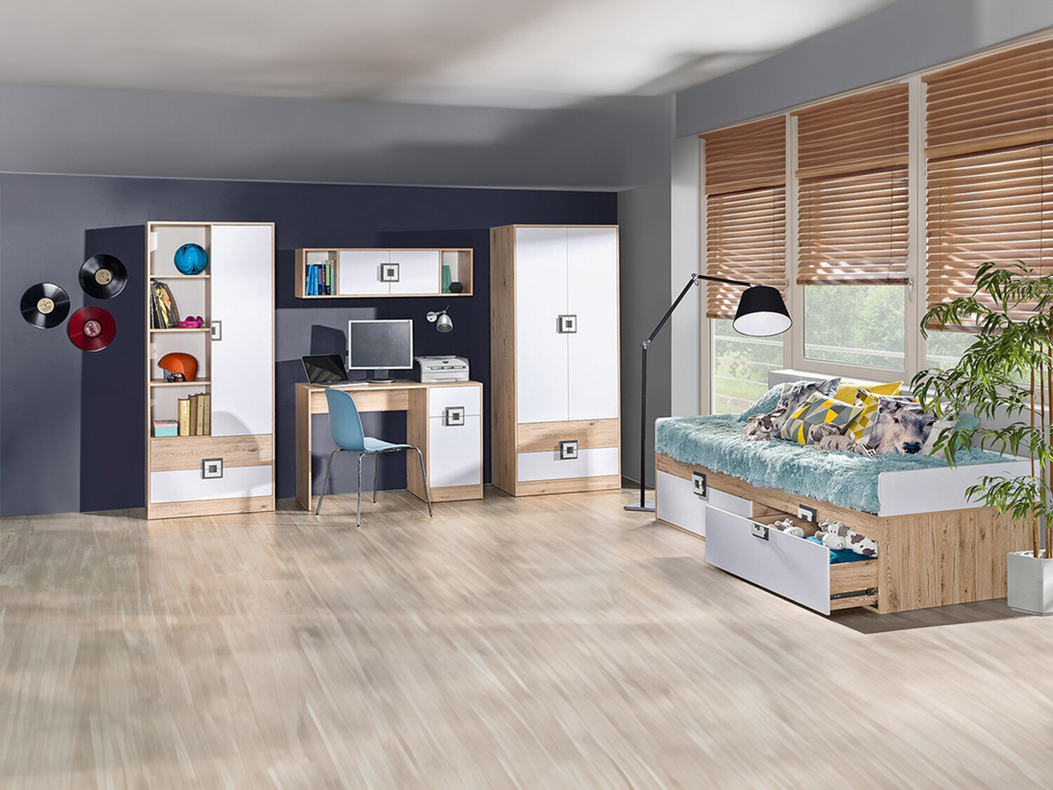 Chambre enfant complète Balvire 116 (Chêne clair + Blanc + Gris)