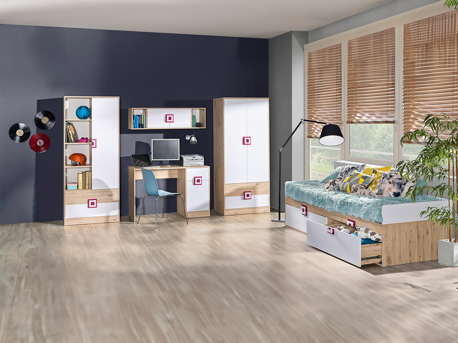Chambre enfant complète Balvire 116 (Chêne clair + Blanc + Rose)