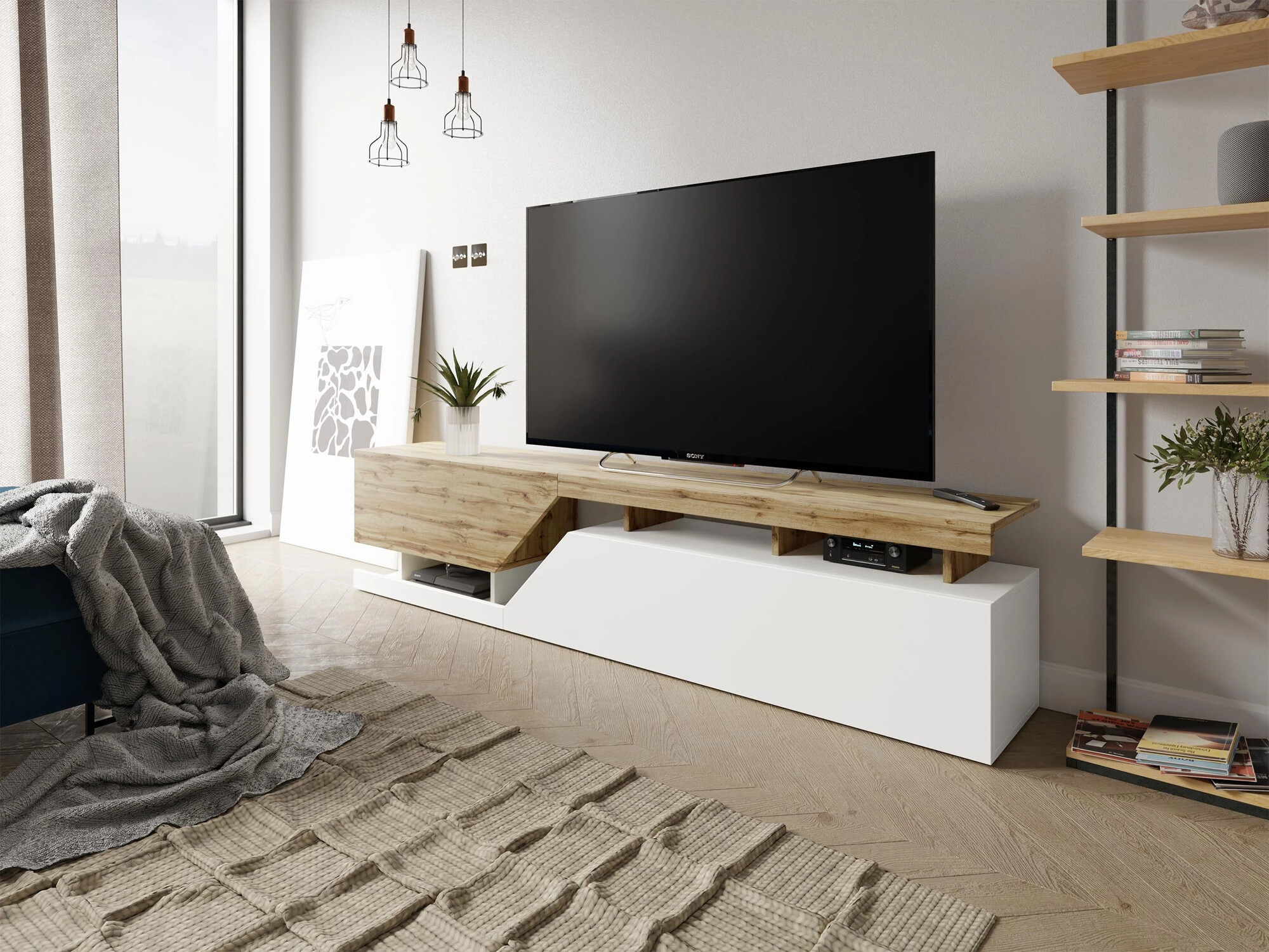 Meuble TV Comfivo Daldune I (Blanc + Chêne wotan)