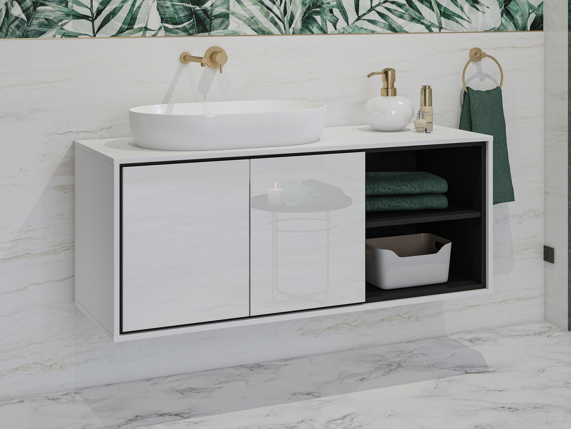 Armoire de salle de bain murale Tecavu 104 (Blanc brillant + Blanc)