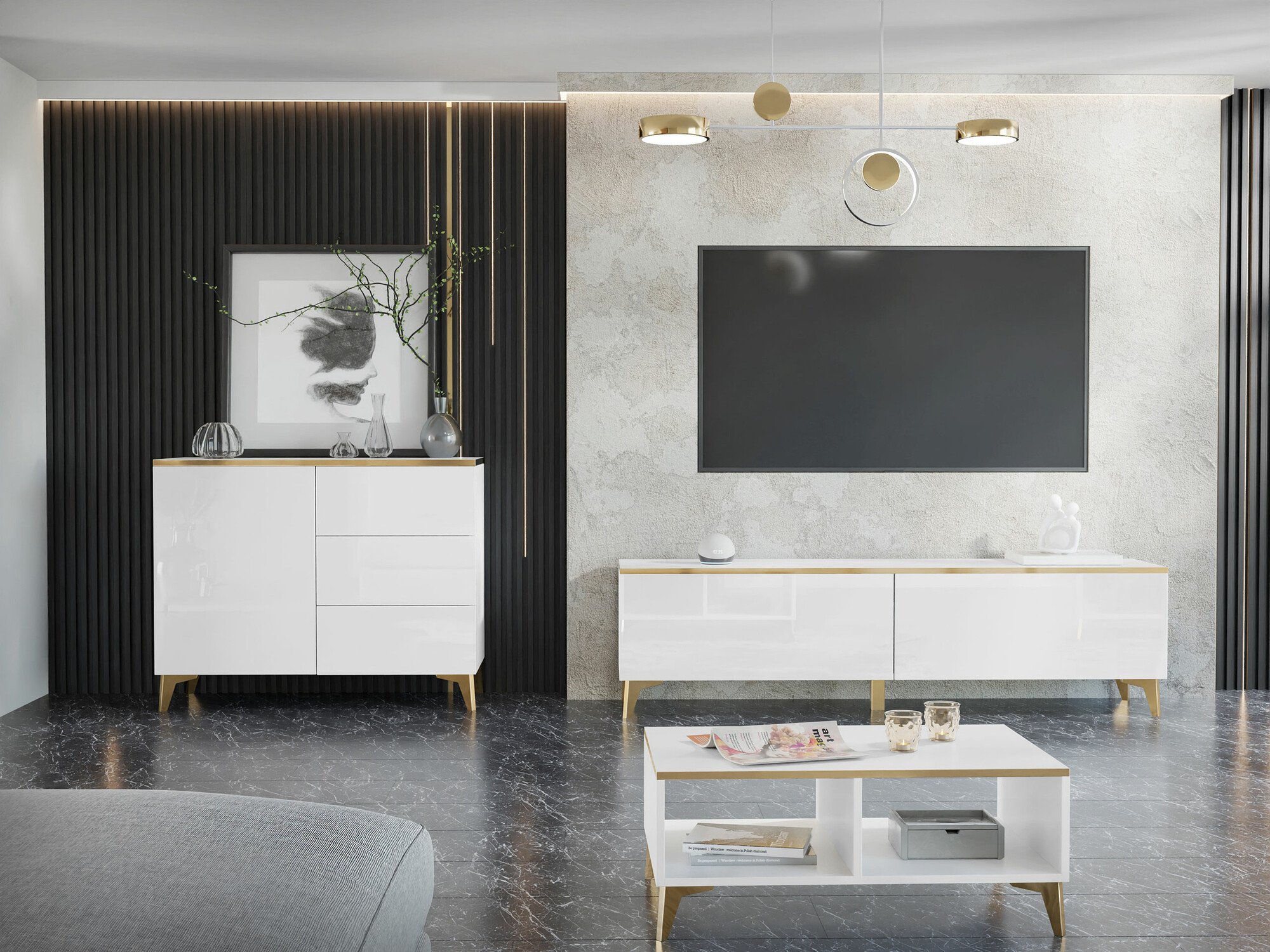 Meuble TV Comfivo 491 (Blanc + Blanc brillant)