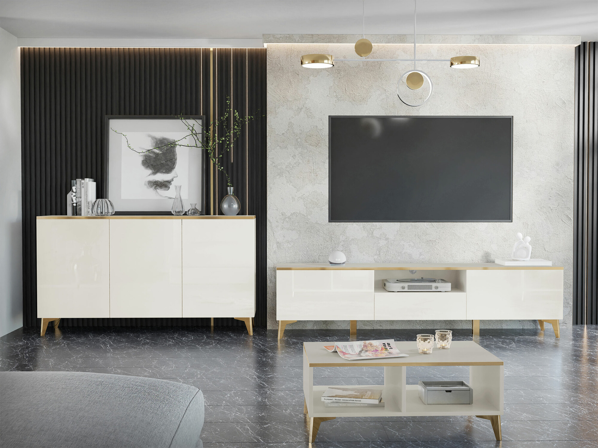 Meuble TV Comfivo 490 (Beige + Brillant beige)