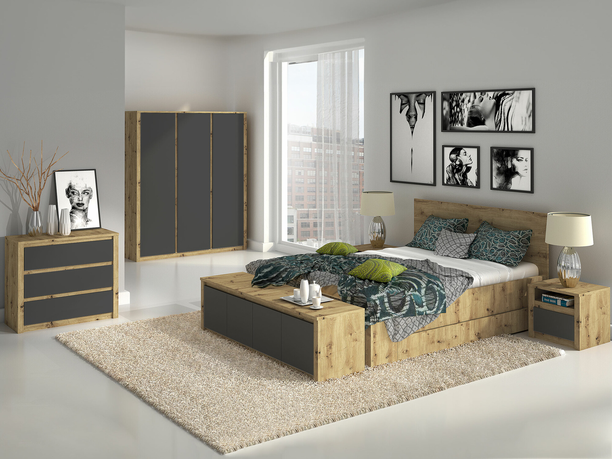 Ensemble de chambre Deldale 120 (Chêne Artisan + Gris)