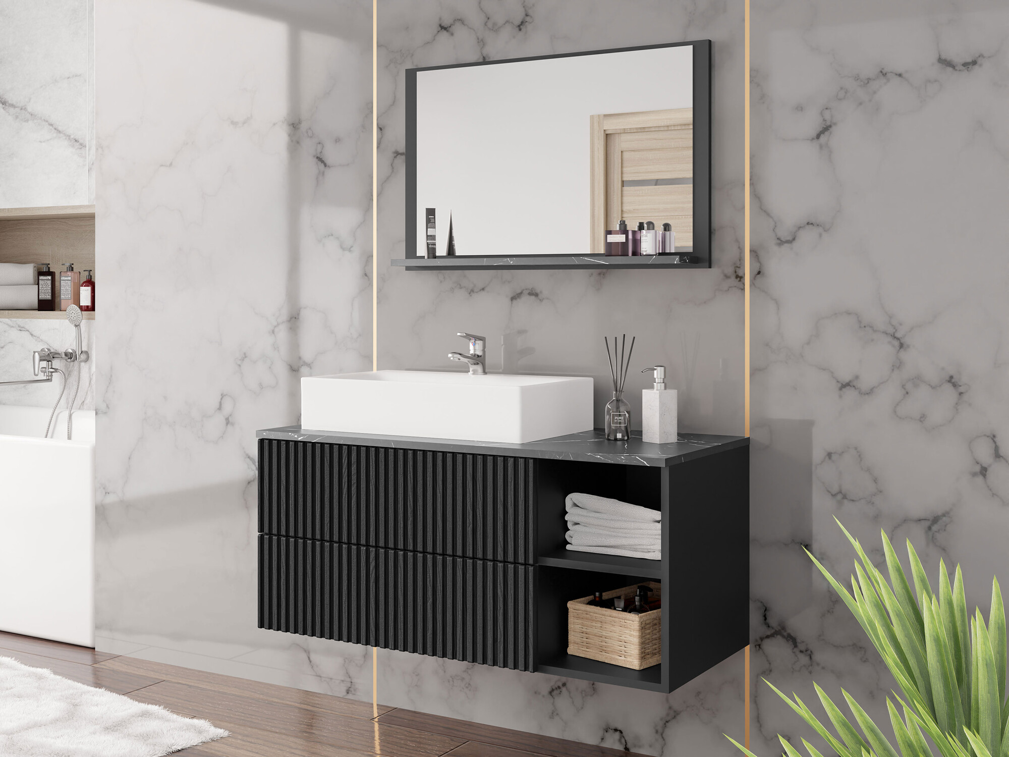 Ensemble de salle de bain Nauta (Noir + Marbre noir)