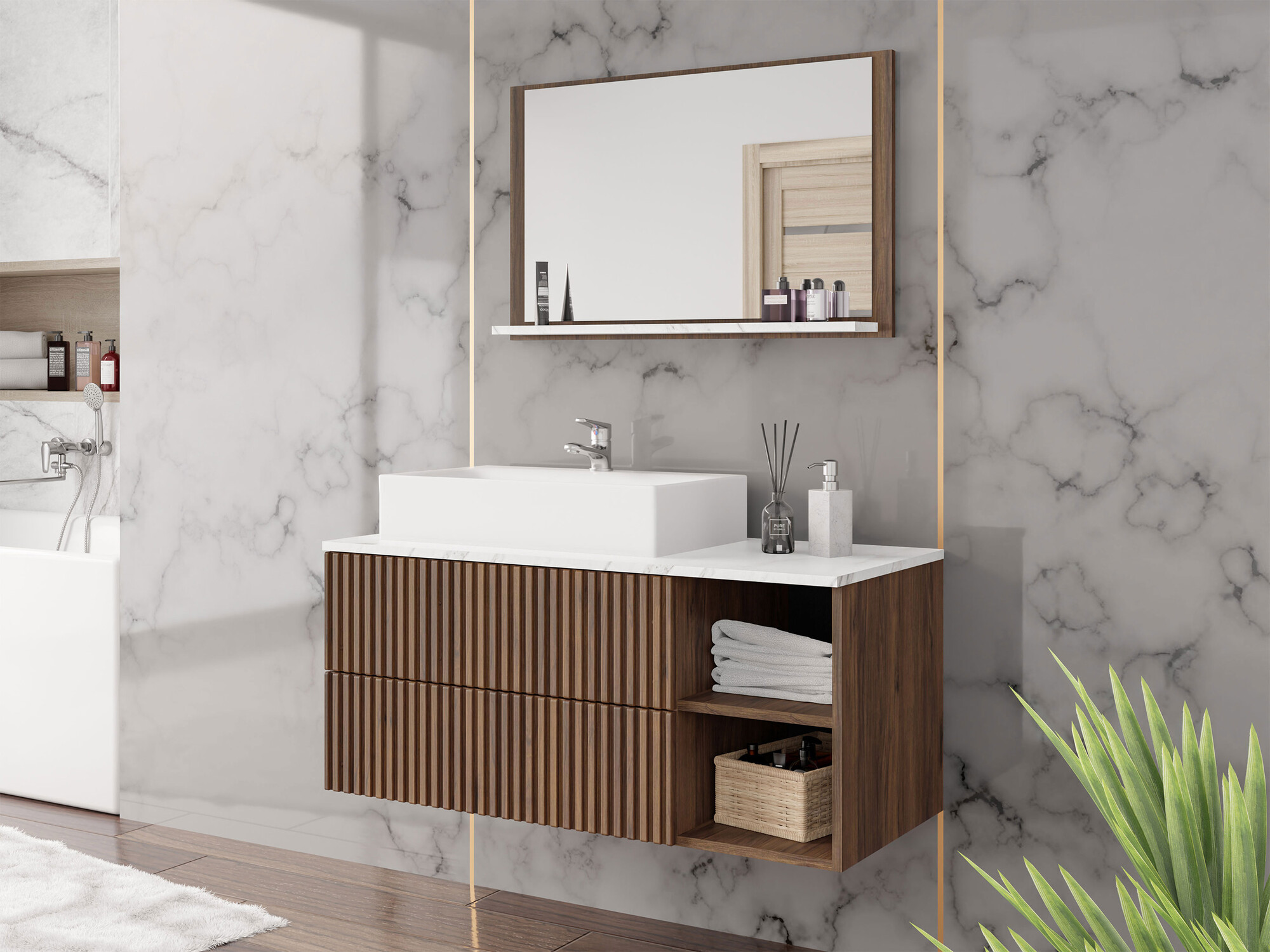 Ensemble de salle de bain Ophruvi 103 (Noyer + Marbre blanc)