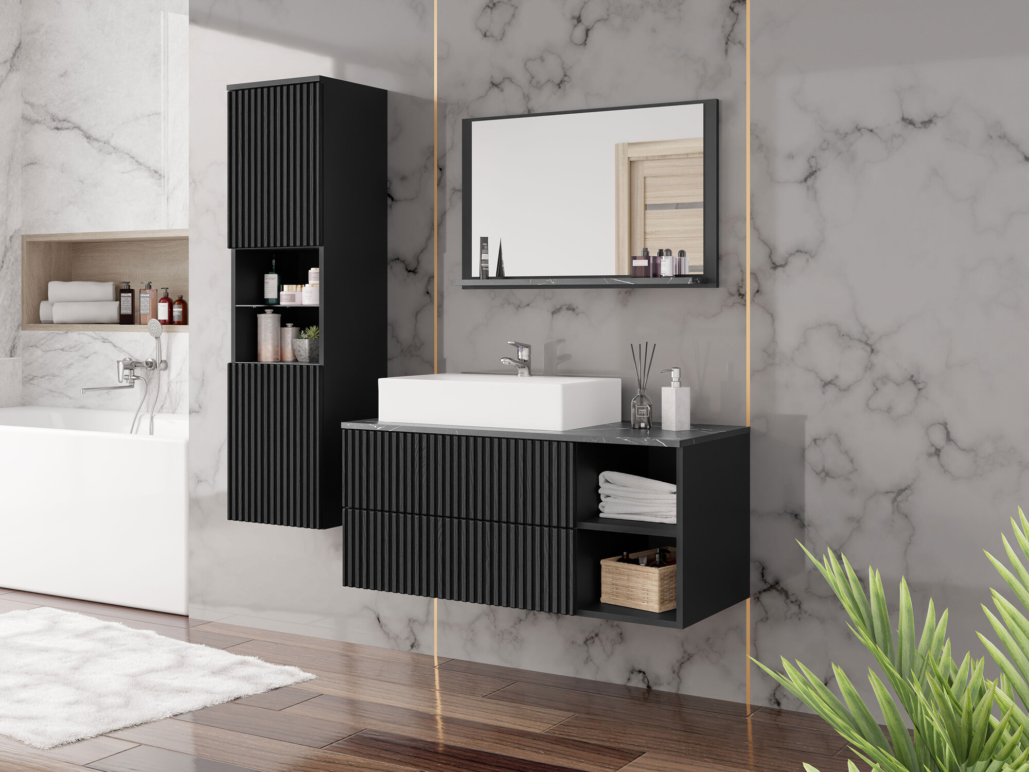 Ensemble de salle de bain Nauta I (Noir + Marbre noir)