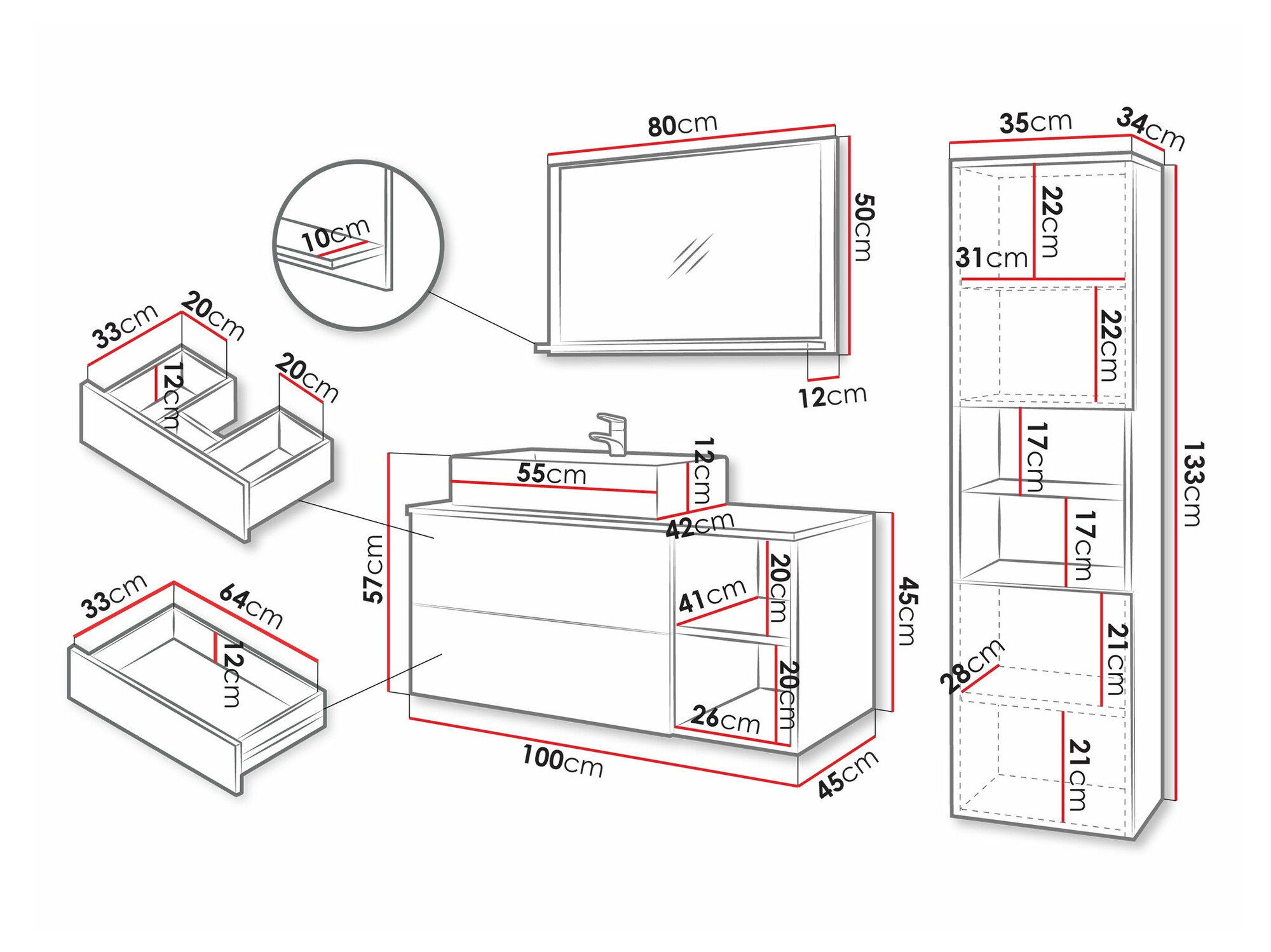 Ensemble de salle de bain Ophruvi 104 (Noyer + Marbre blanc)