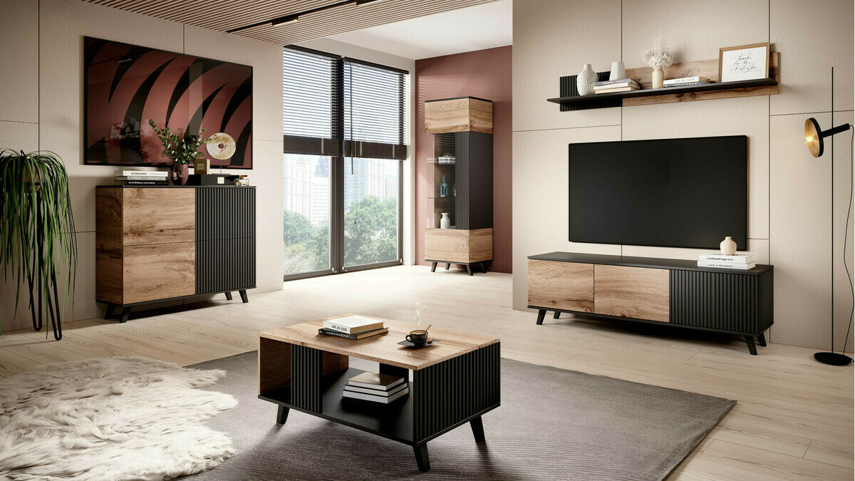 Meuble TV Luelia 116 (Noir + Chêne wotan)