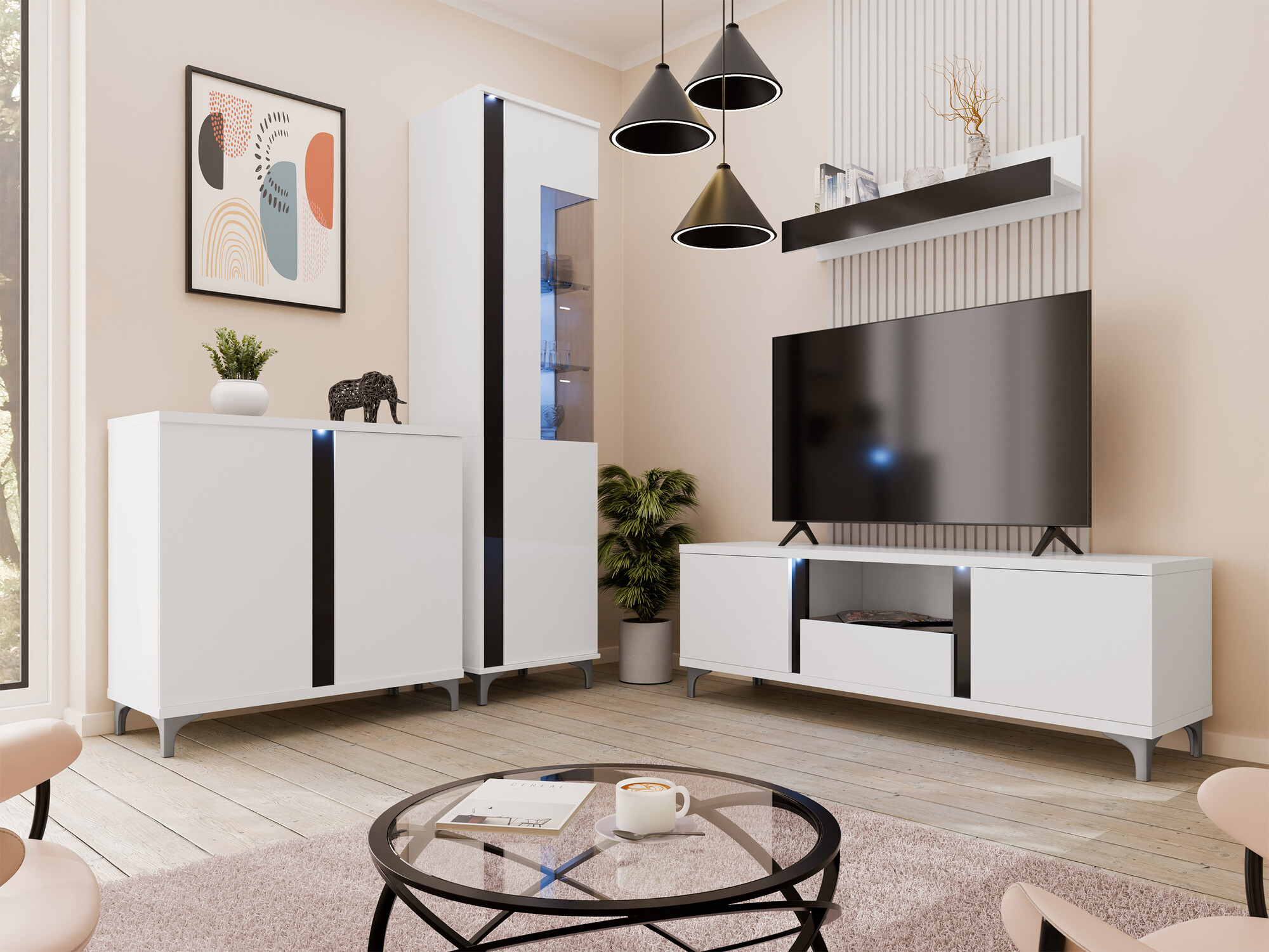 Buffet Florem II (Blanc + Blanc brillant + Noir brillant)