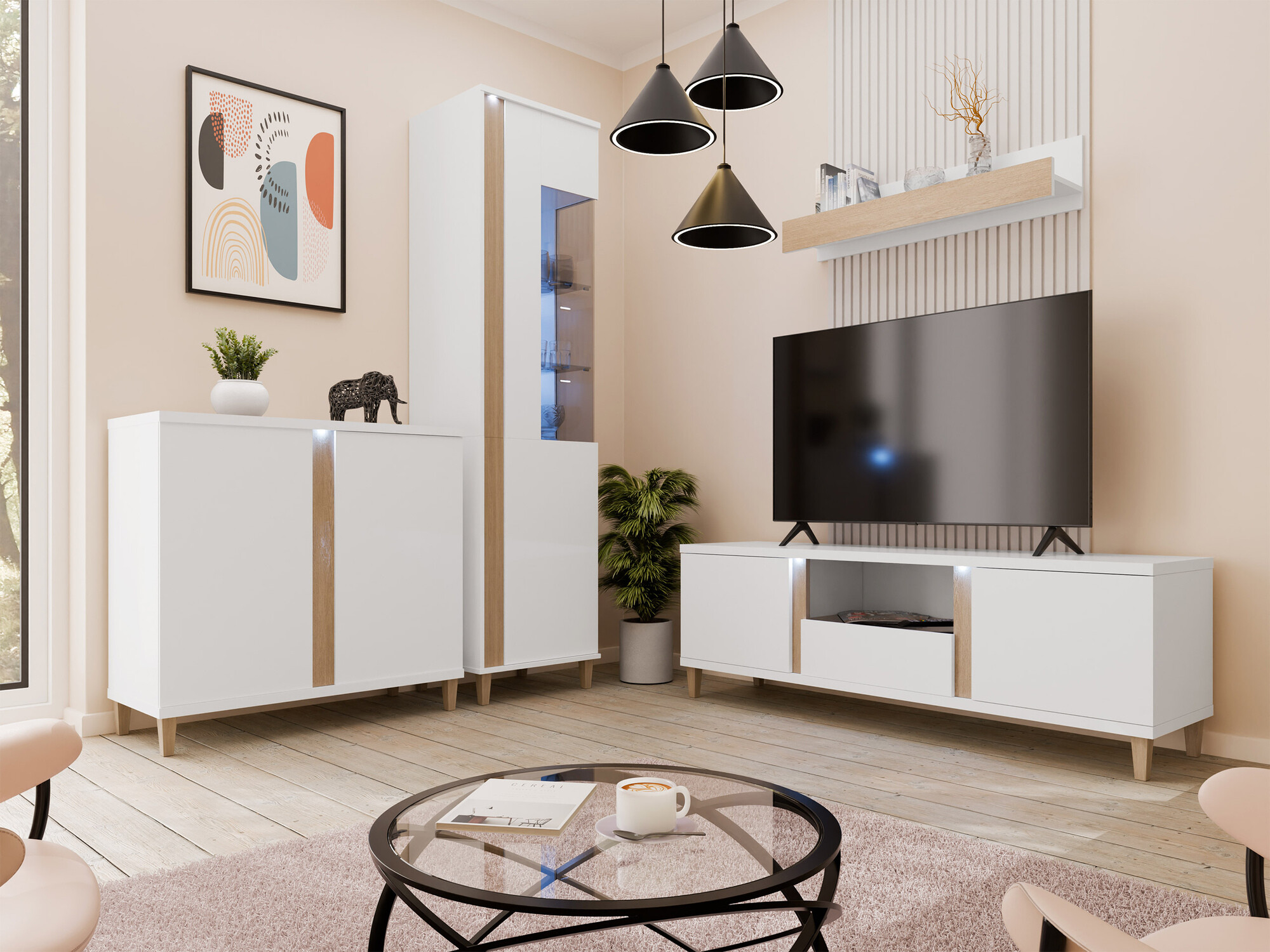 Meuble TV Florem (Blanc + Blanc brillant + Clair bois)