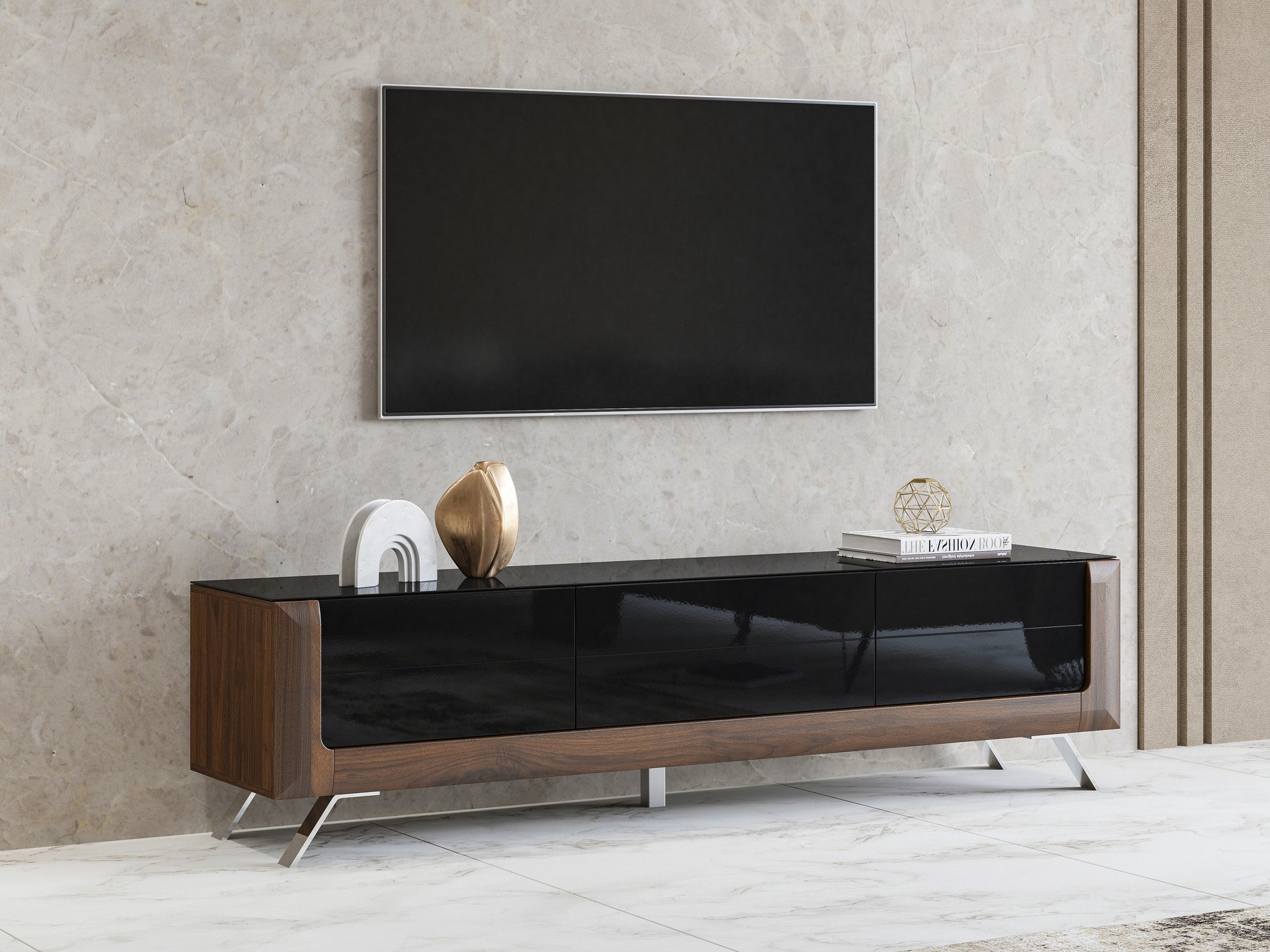 Meuble TV Sovera 104 (Noix + Noir brillant)