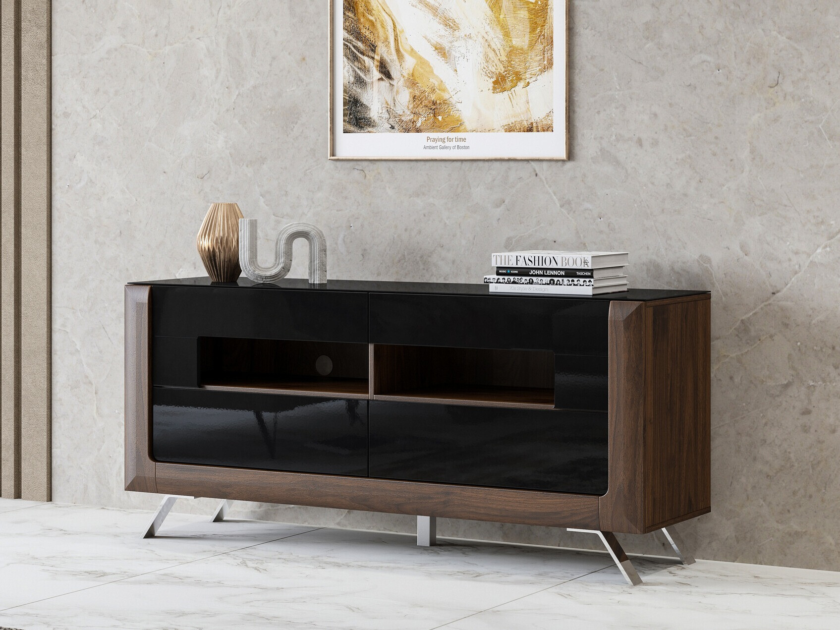 Meuble TV Sovera 105 (Noix + Noir brillant)