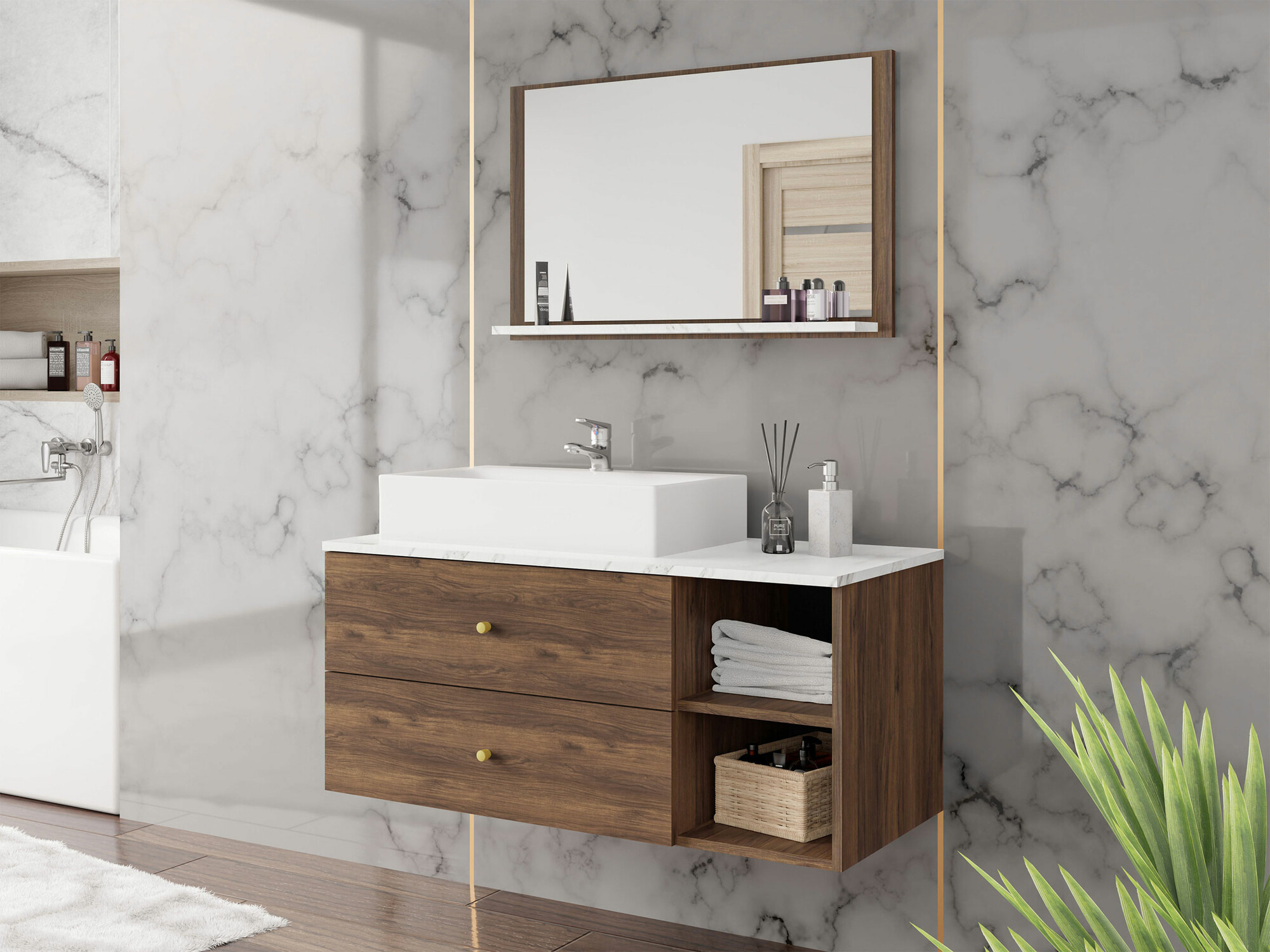 Ensemble de salle de bain Salus I (Noyer + Marbre blanc)