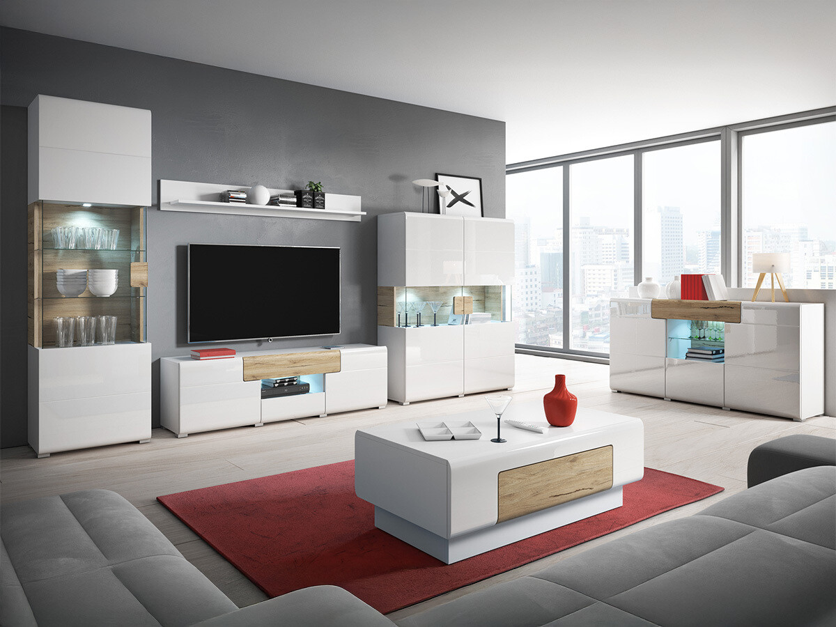 Commode Torsone 108 (Blanc + Blanc brillant + Chêne de san remo)