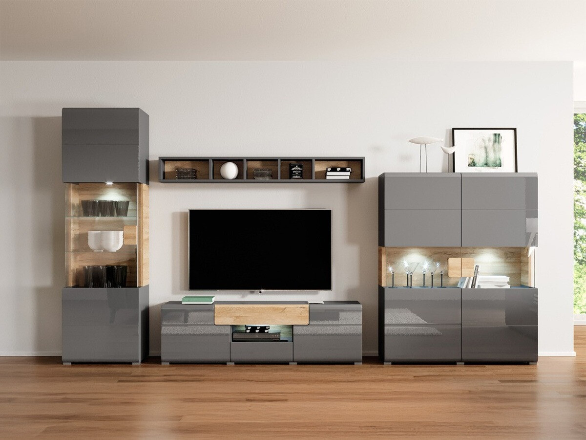 Ensemble de salon Torsone 104 (Anthracite + Gloss anthracite + Grandson chêne)