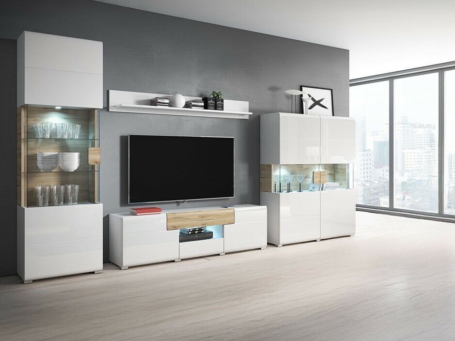Ensemble de salon Torsone 104 (Blanc + Blanc brillant + Chêne de san remo)