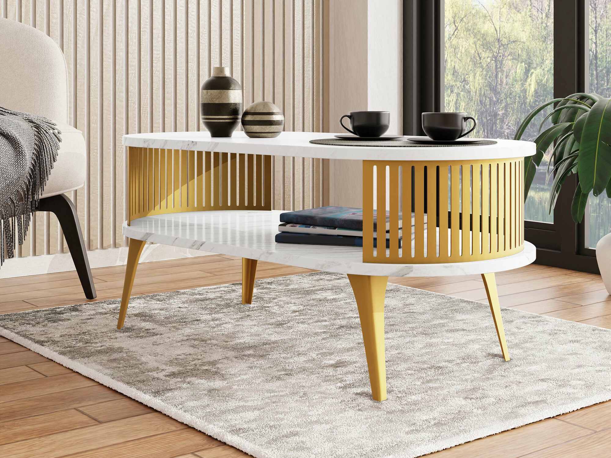 Table basse Vitum IV (Doré + Marbre blanc)