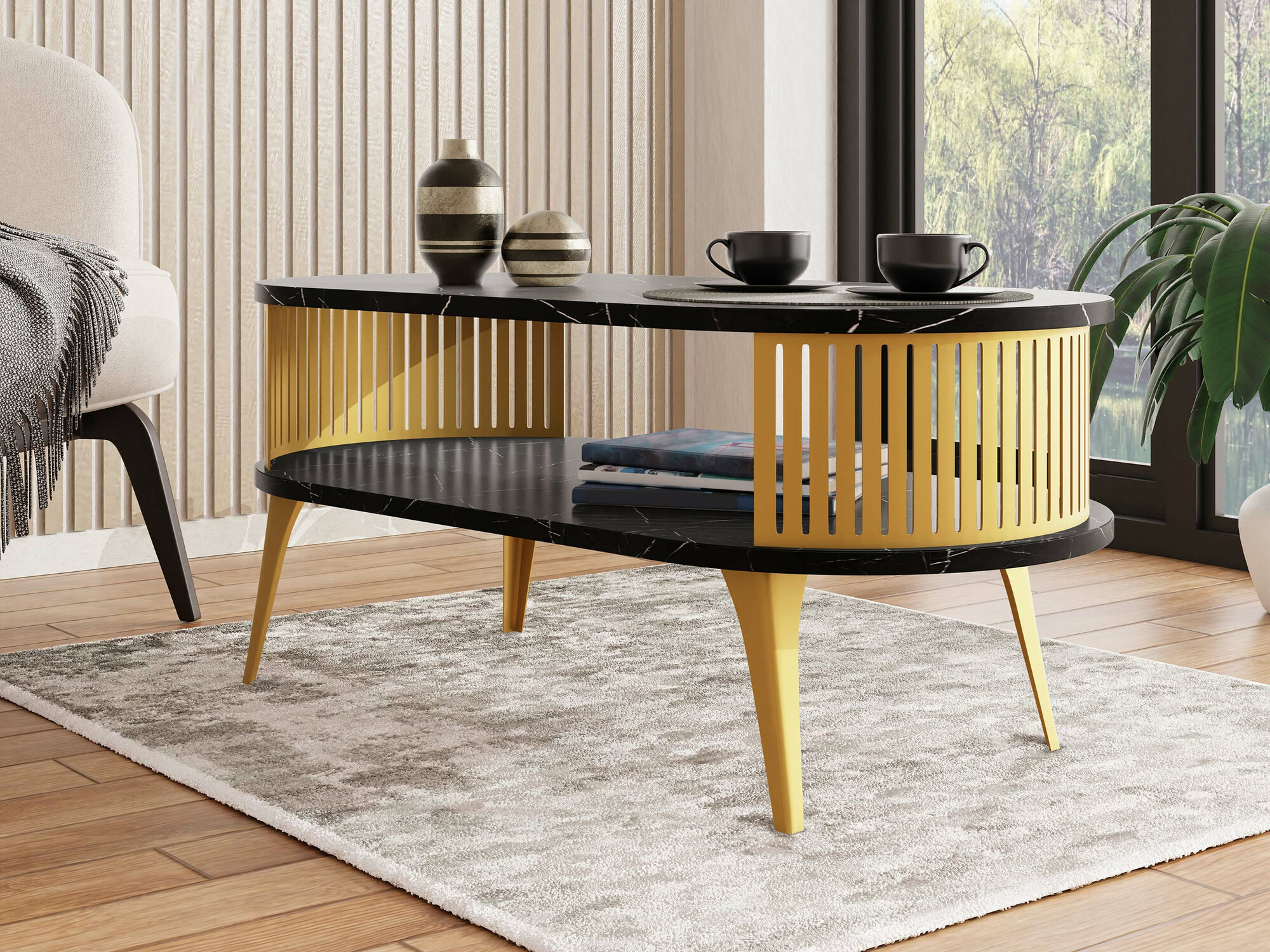 Table basse Vitum IV (Doré + Marbre noir)