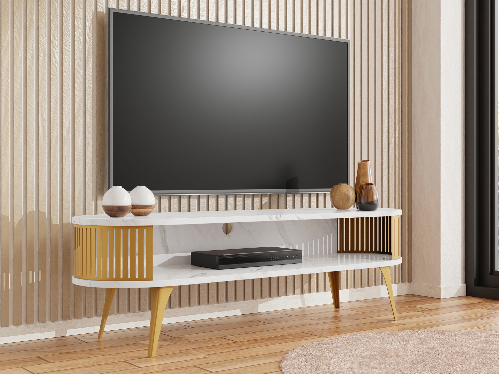Meuble TV Vitum I (Doré + Marbre blanc)