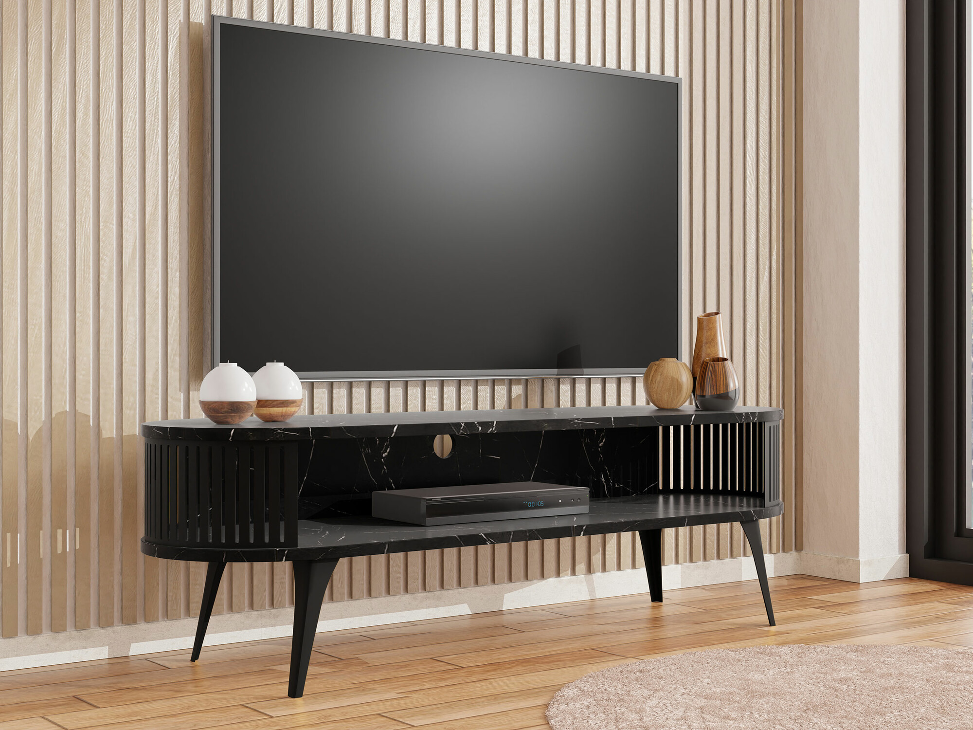 Meuble TV Vitum (Noir + Marbre noir)