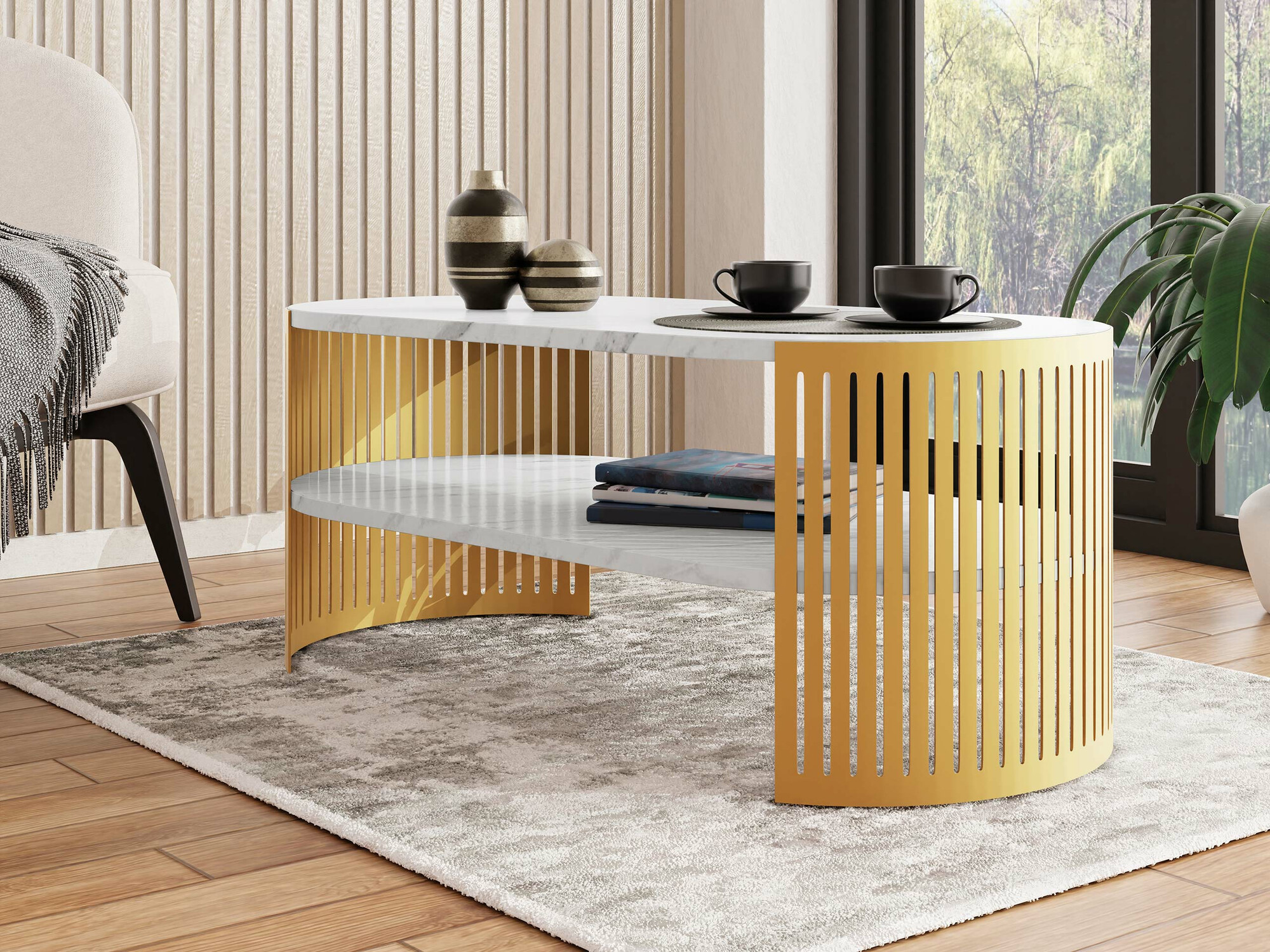 Table basse Civer IV (Doré + Marbre blanc)