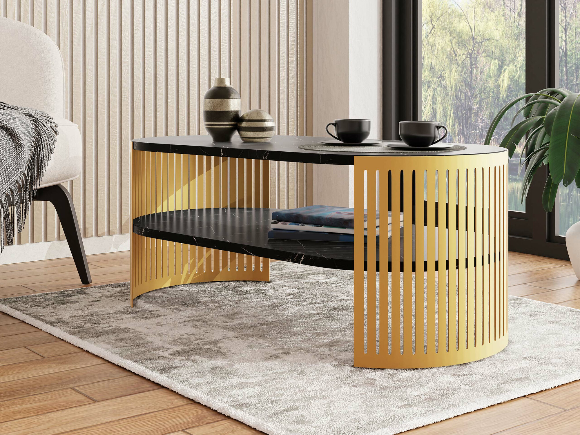 Table basse Civer IV (Doré + Marbre noir)