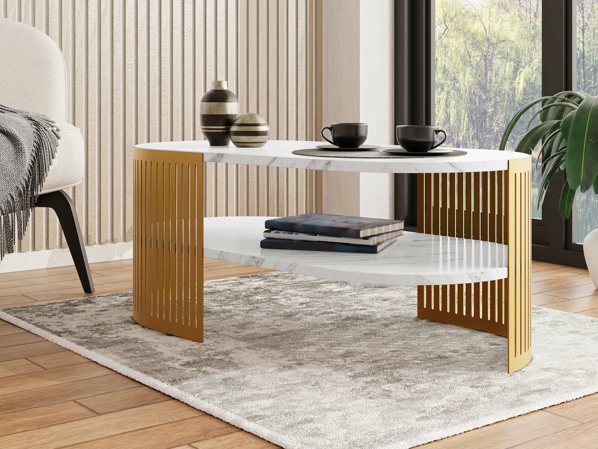 Table basse Civer VII (Doré + Marbre blanc)