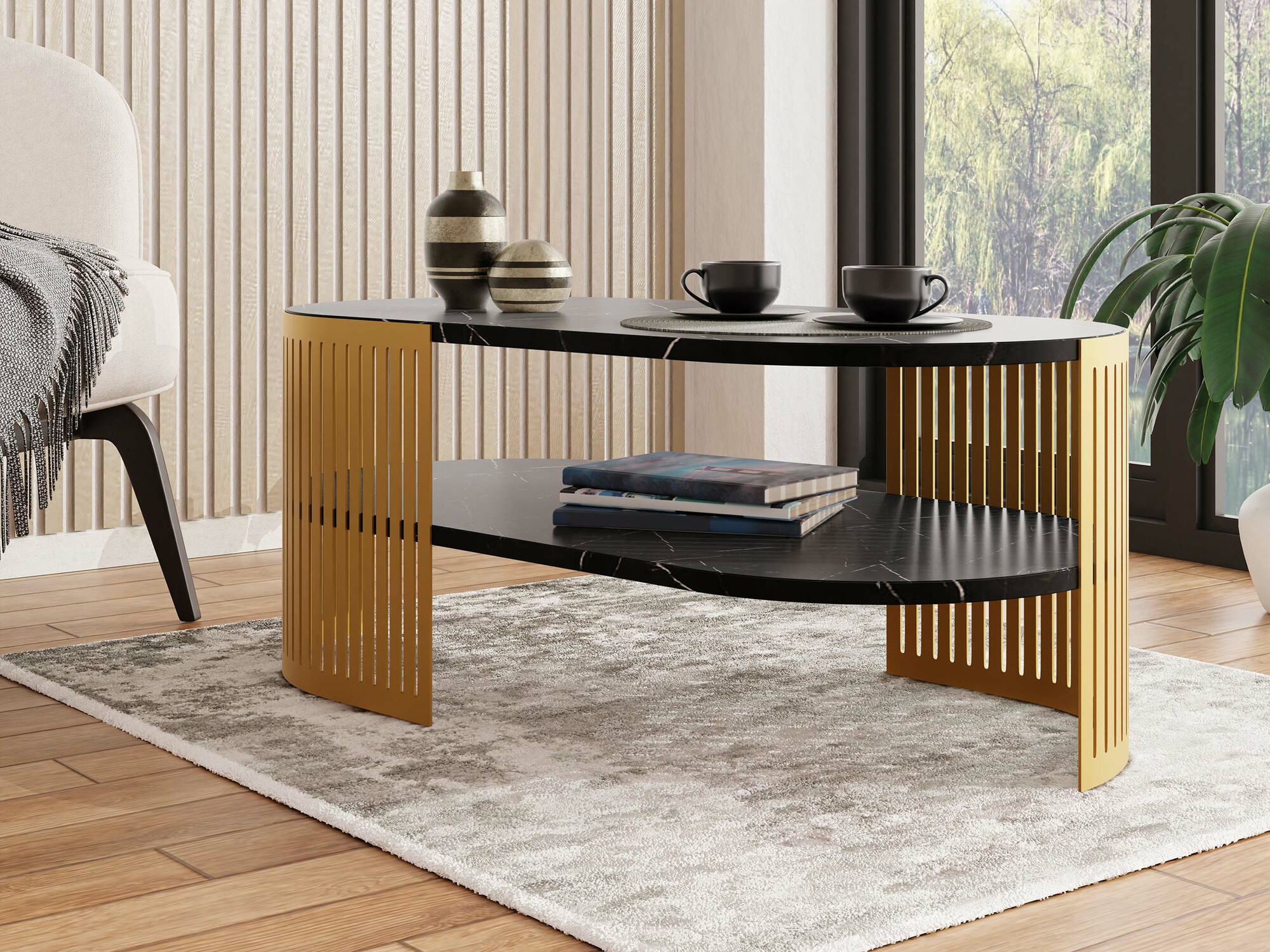 Table basse Civer VII (Doré + Marbre noir)