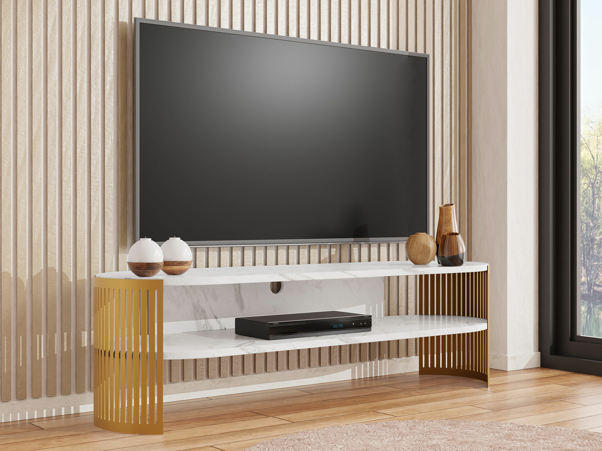 Meuble TV Civer I (Doré + Marbre blanc)