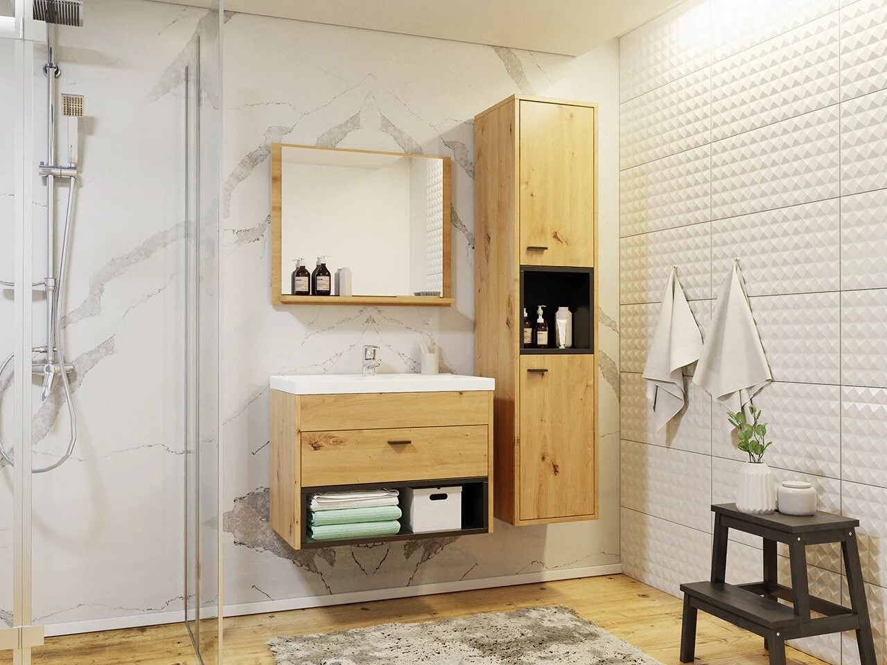 Armoire de salle de bains murale pour lavabo Velum (Chêne Artisan + Noir)