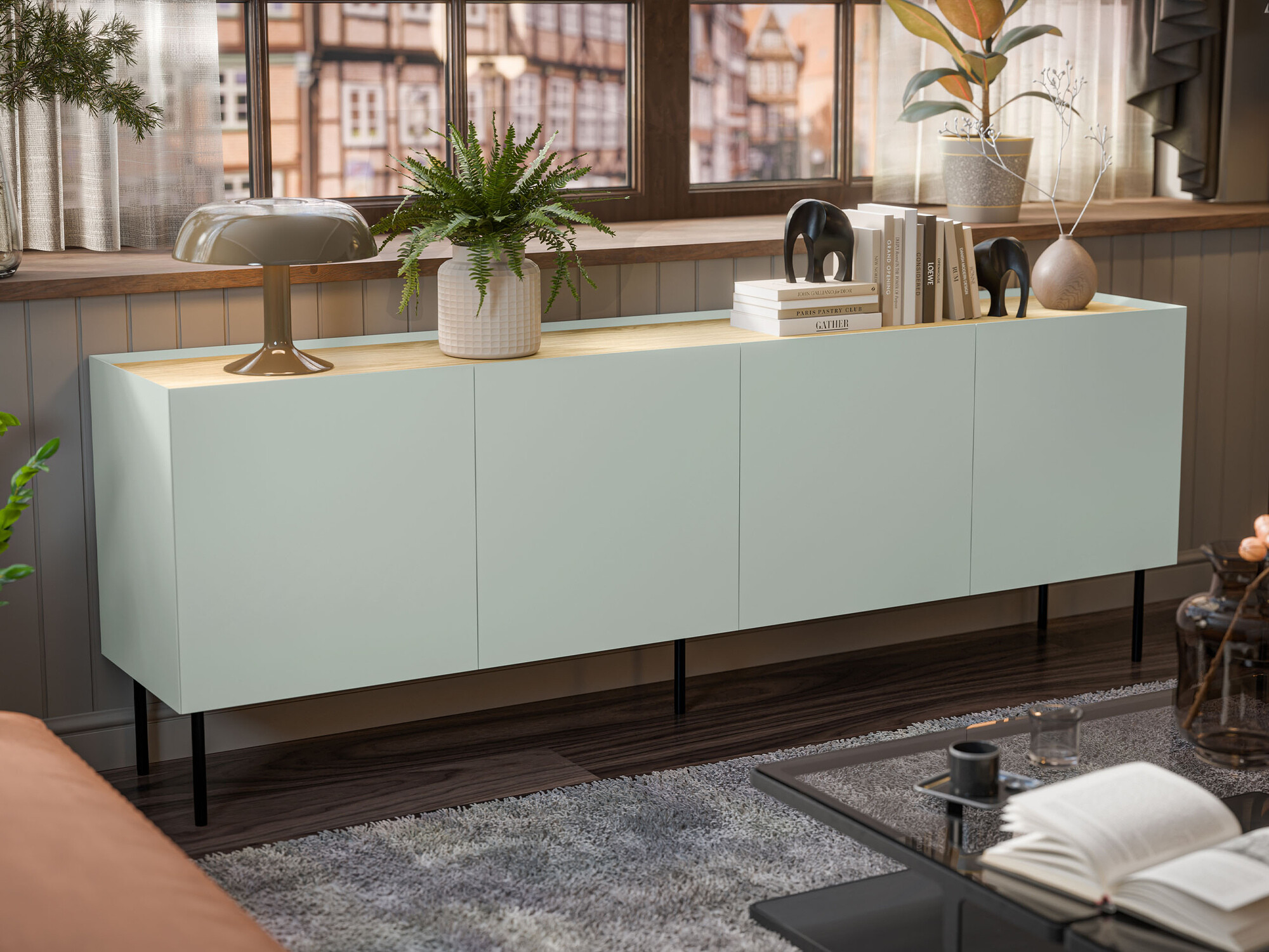 Buffet Melbela 105 (Vert olive clair tree + Chêne)